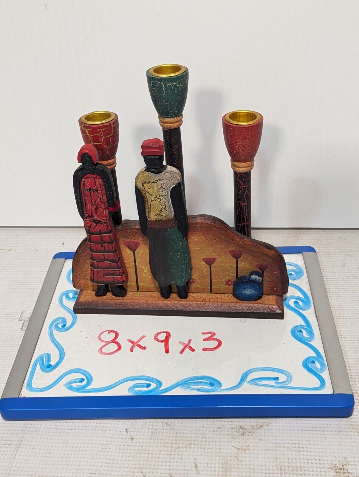 African Wooden Candle Holder Three Candle Sticks - Free Shipping
