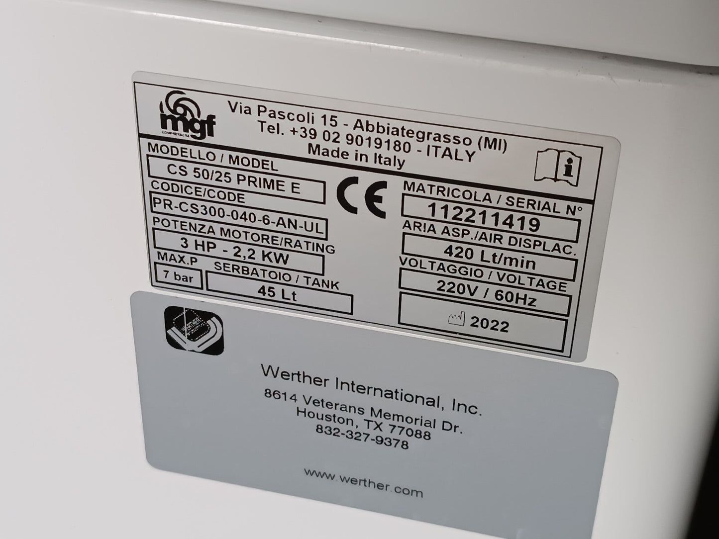 Werther/MGF Compressors CS 50/25 Prime E Oil-Free Reciprocating Air Compressor