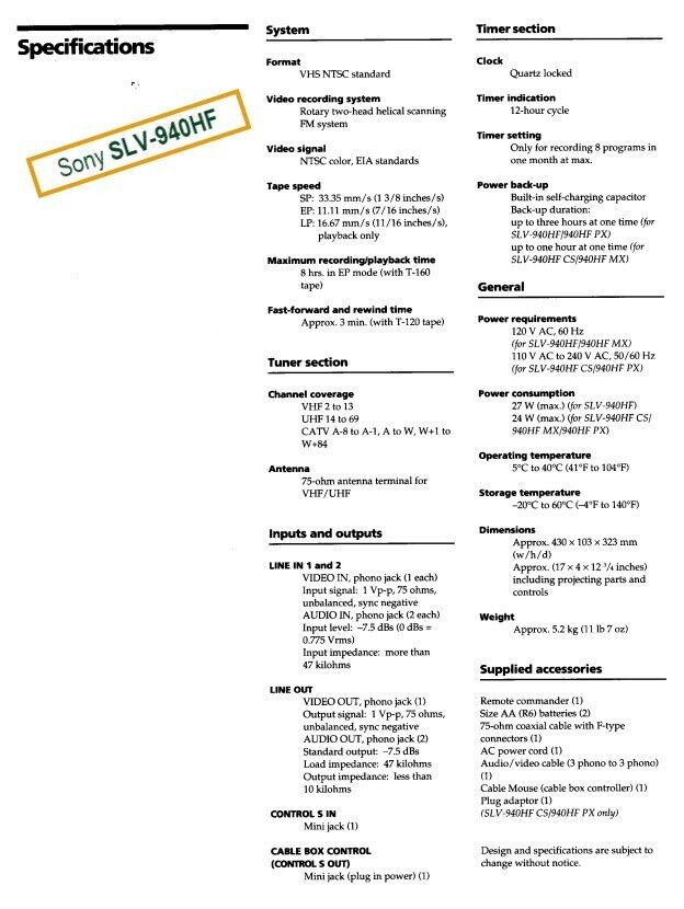 Sony SLV-940HF VCR-Plus Hi-Fi Stereo VHS VCR, Flying Erase Head, No power cord