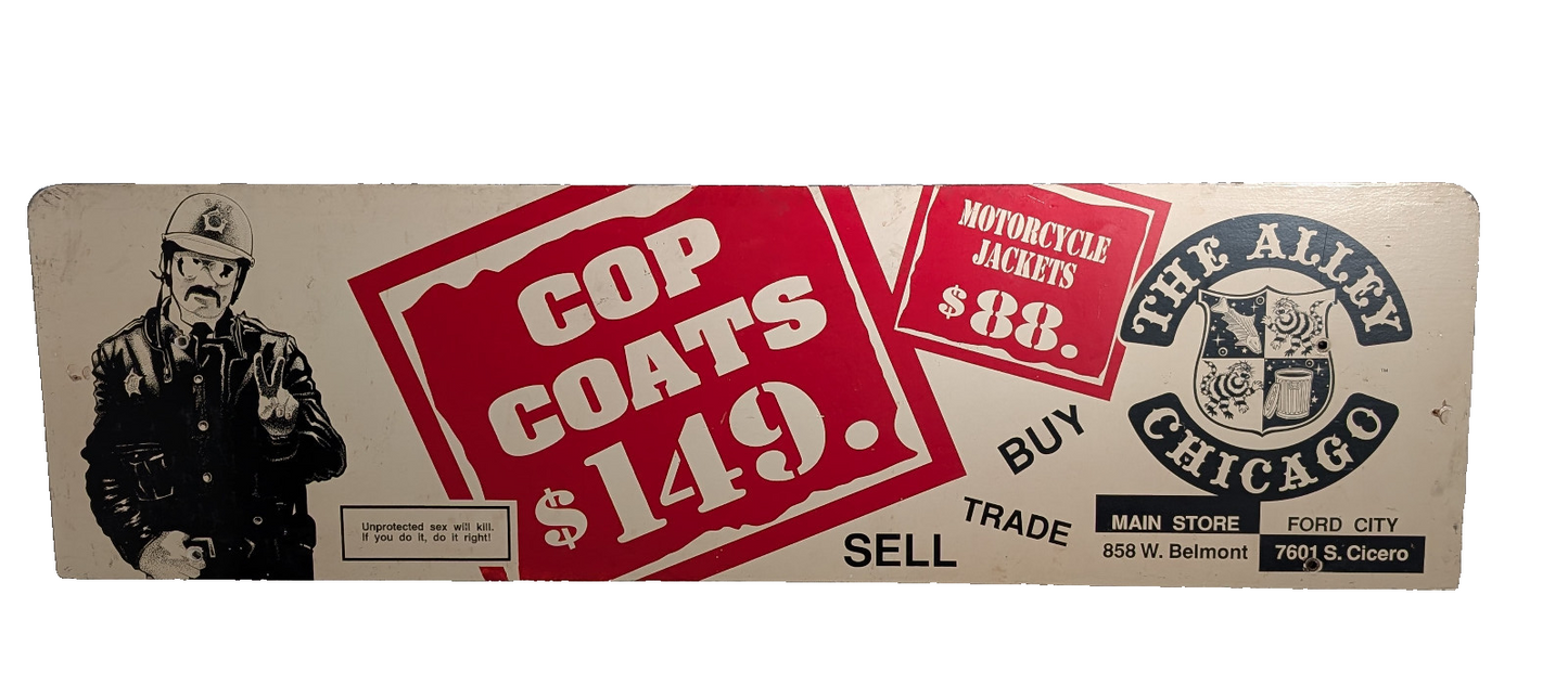 Vintage The Alley Chicago Memorabilia Bus Stop Bench Sign Cop Moto Punk Goth Ad