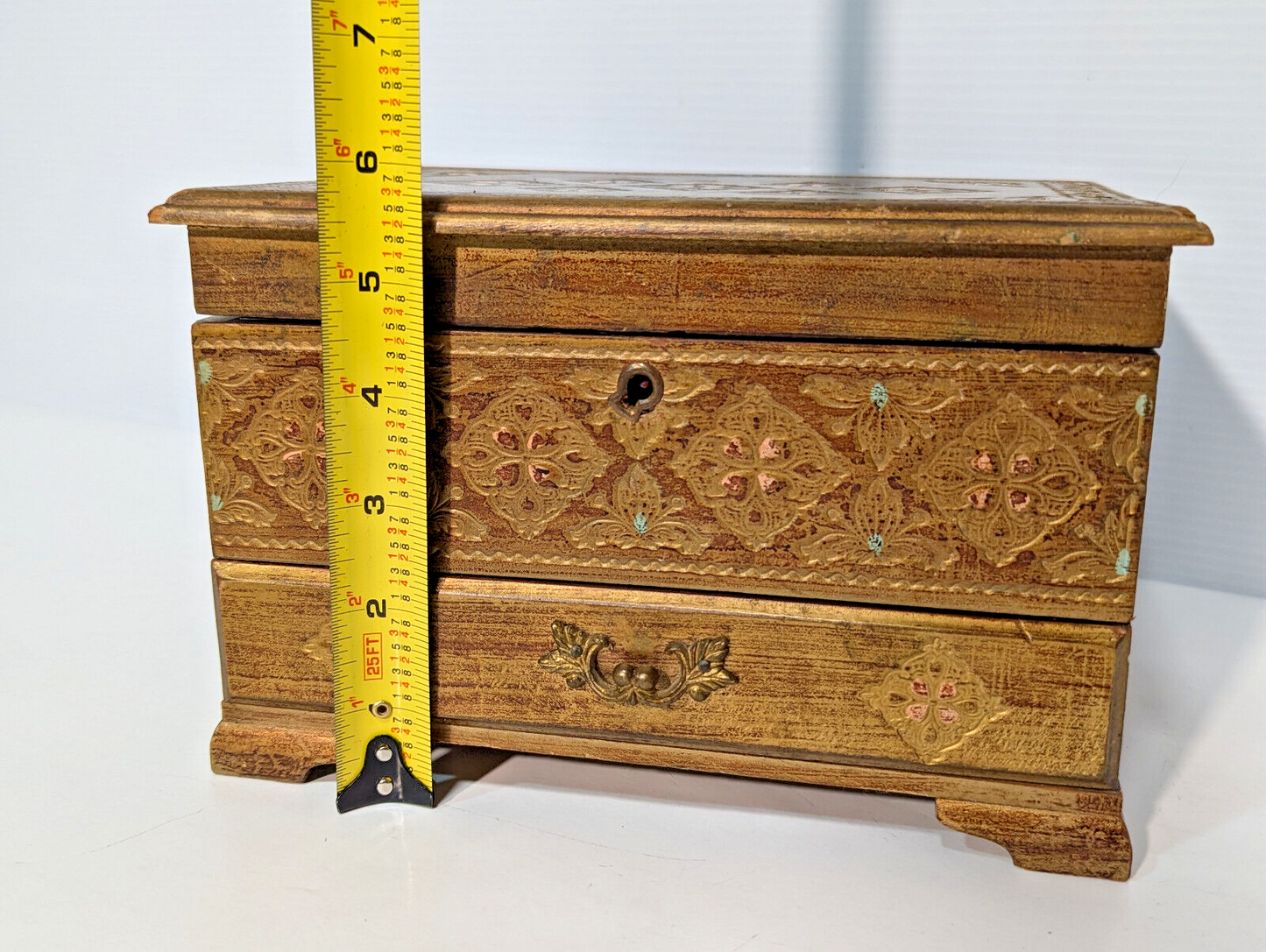 Vintage 1960s Gold Florentine Royal Sealy Wooden Drawer Chest Mirror Jewelry Box