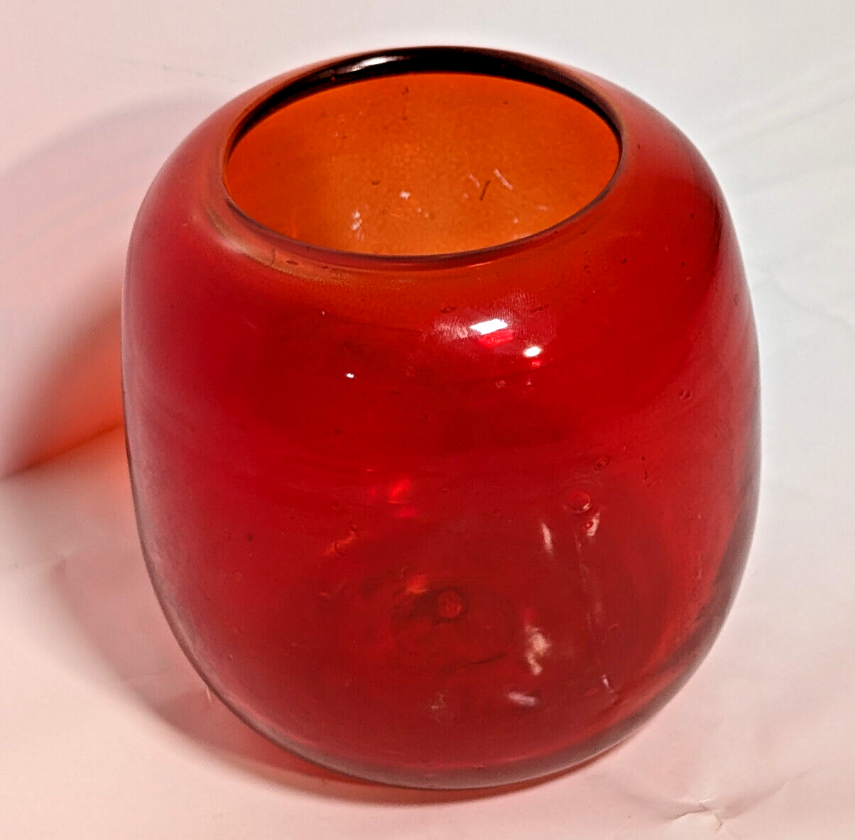 Vintage Poppy Red Round Oval Mid Century Modern Glass Vase, 1960s, Minimalist