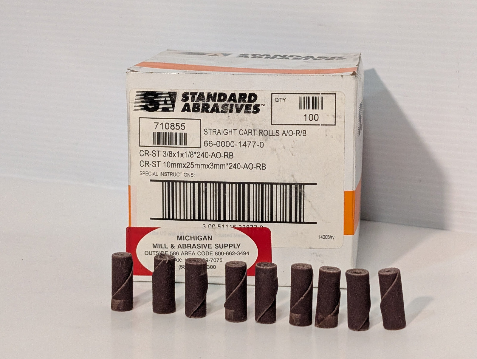 Standard Abrasives 710855 Straight Cartridge Rolls 3/8x1x1/8 240 Grit 100 Count