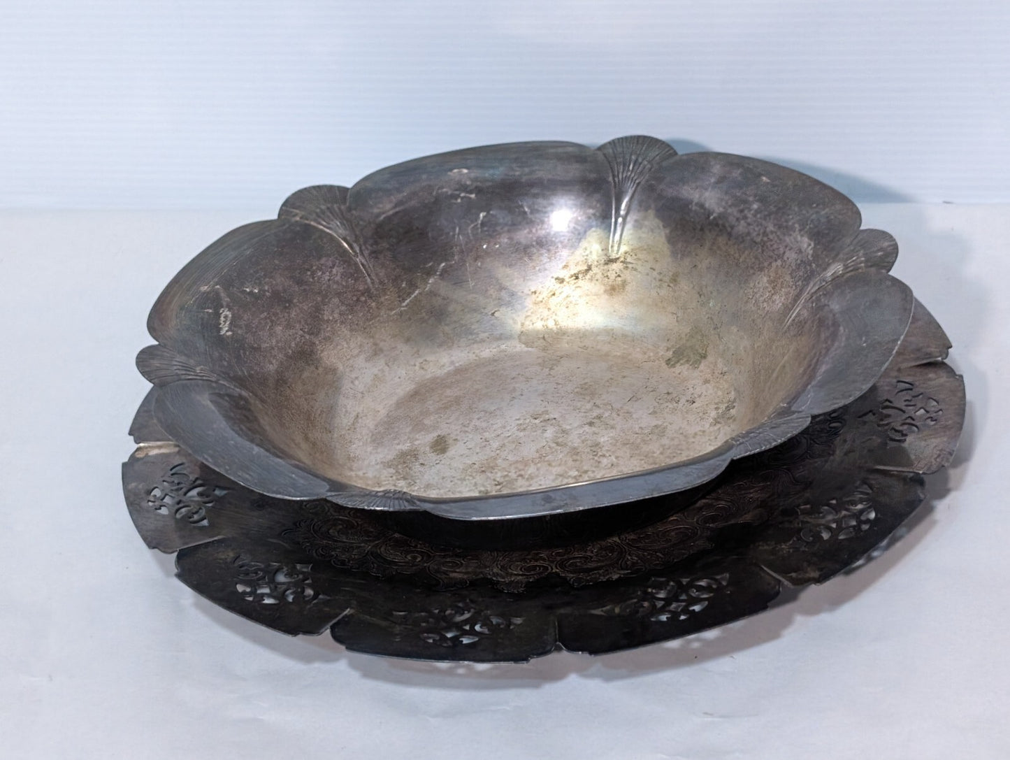 Vintage Wm A Rogers 8278 Engraved Silver Tray + 4471 Art Deco Silver Bowl