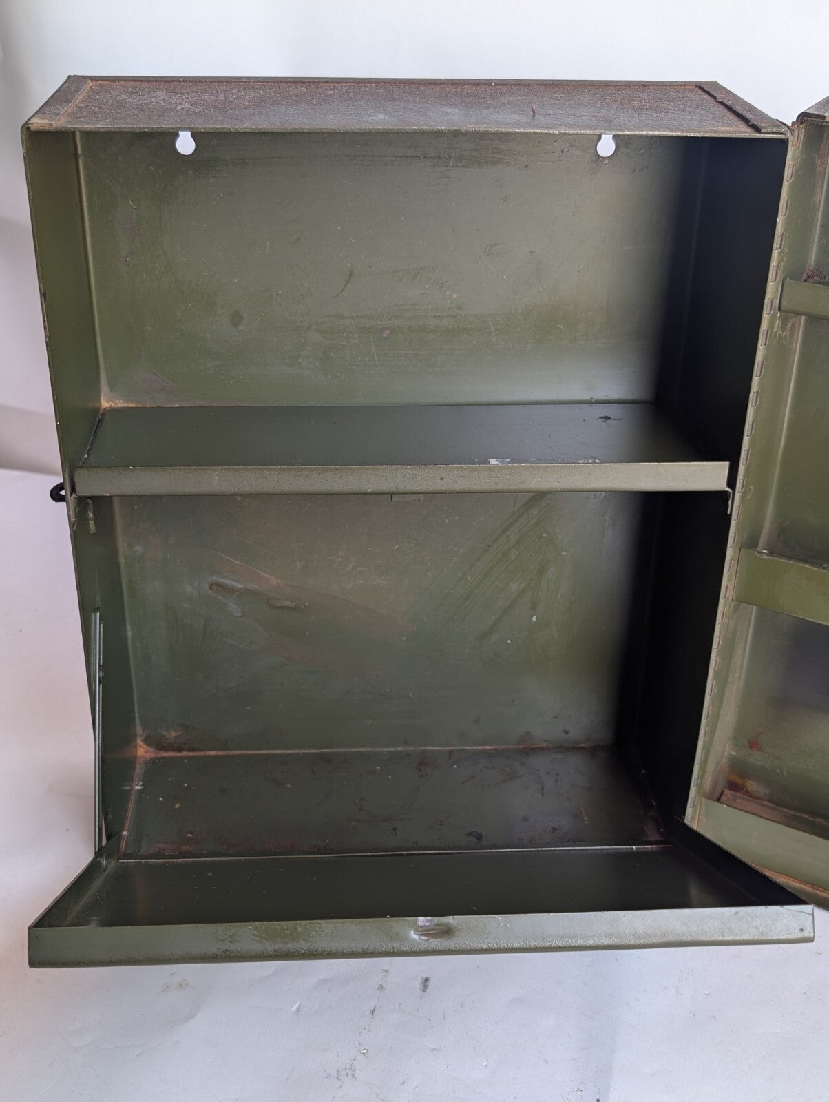 Vintage Metal Cabinet Storage Box with Flap Fold-out, Latch, Shelving