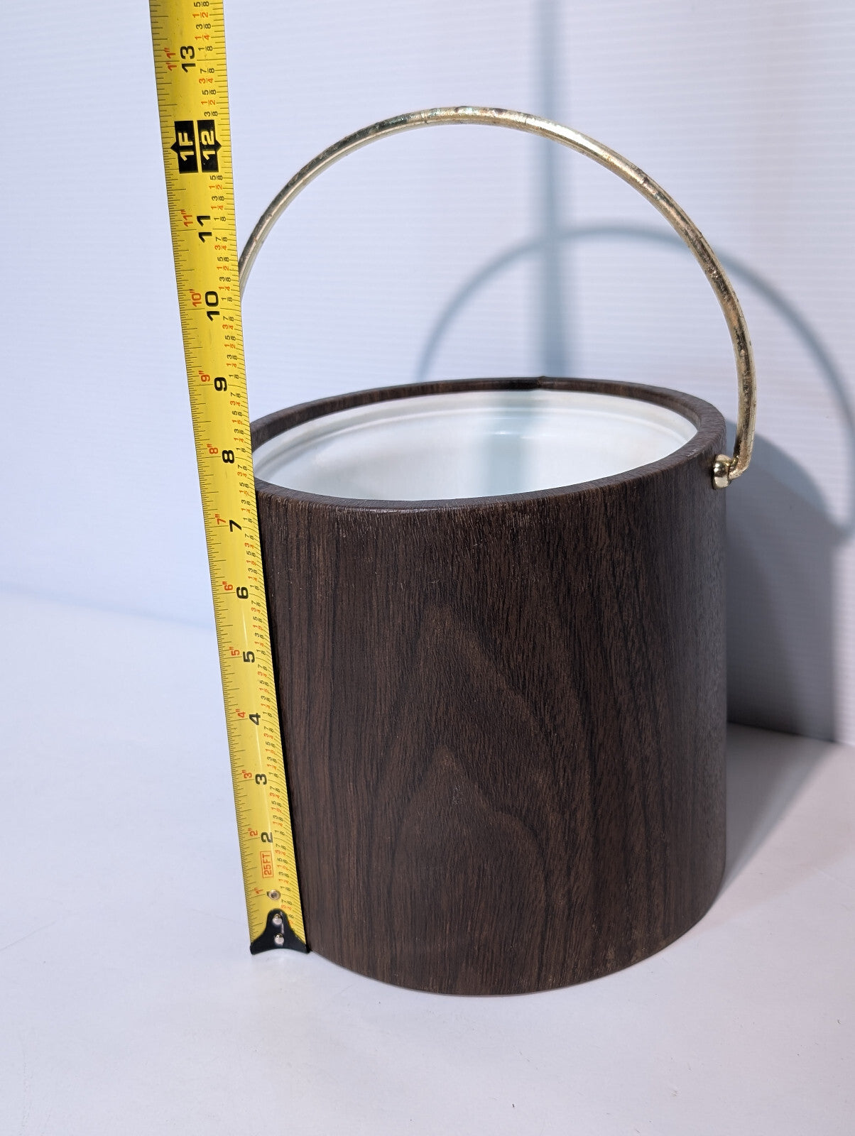 Vintage 1970s Party Ice Bucket Vinyl Faux Wood Grain Gold Handle, No Lid