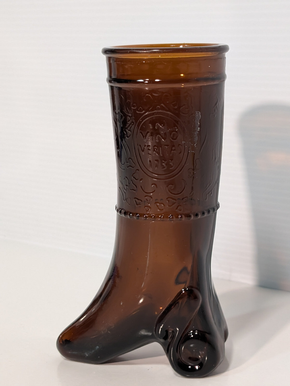 Vintage 1960/70s In Vino Veritas Wine Boot Brown Amber Shot Glass Bud Vase 6"x2"