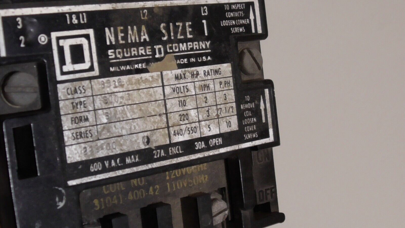 Square D 8536-SC03-S-A NEMA sz 1, Motor Starter 110-550VAC, 2-10HP