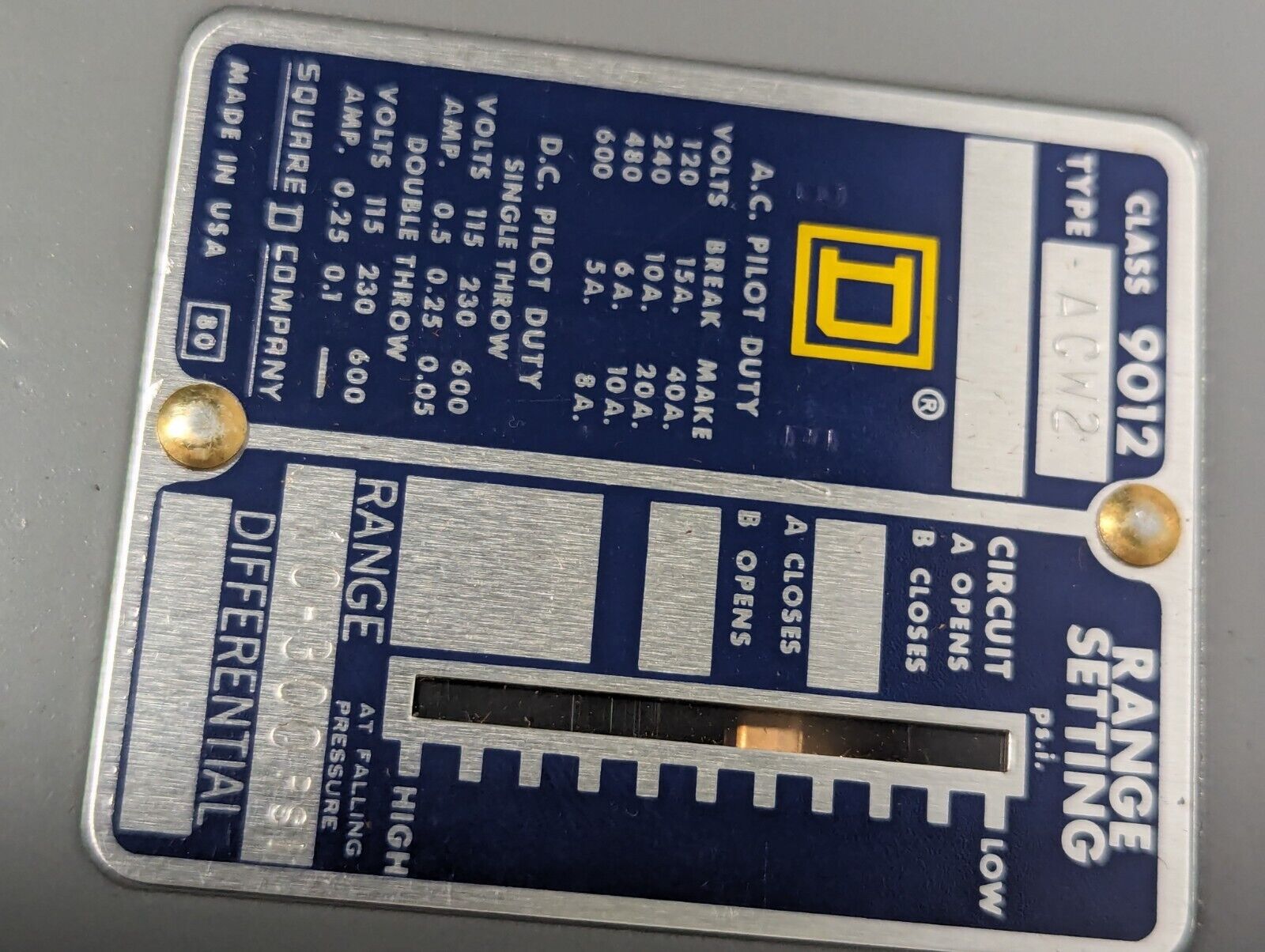 Square D 9012-AC12 Pressure Switch - Free Shipping