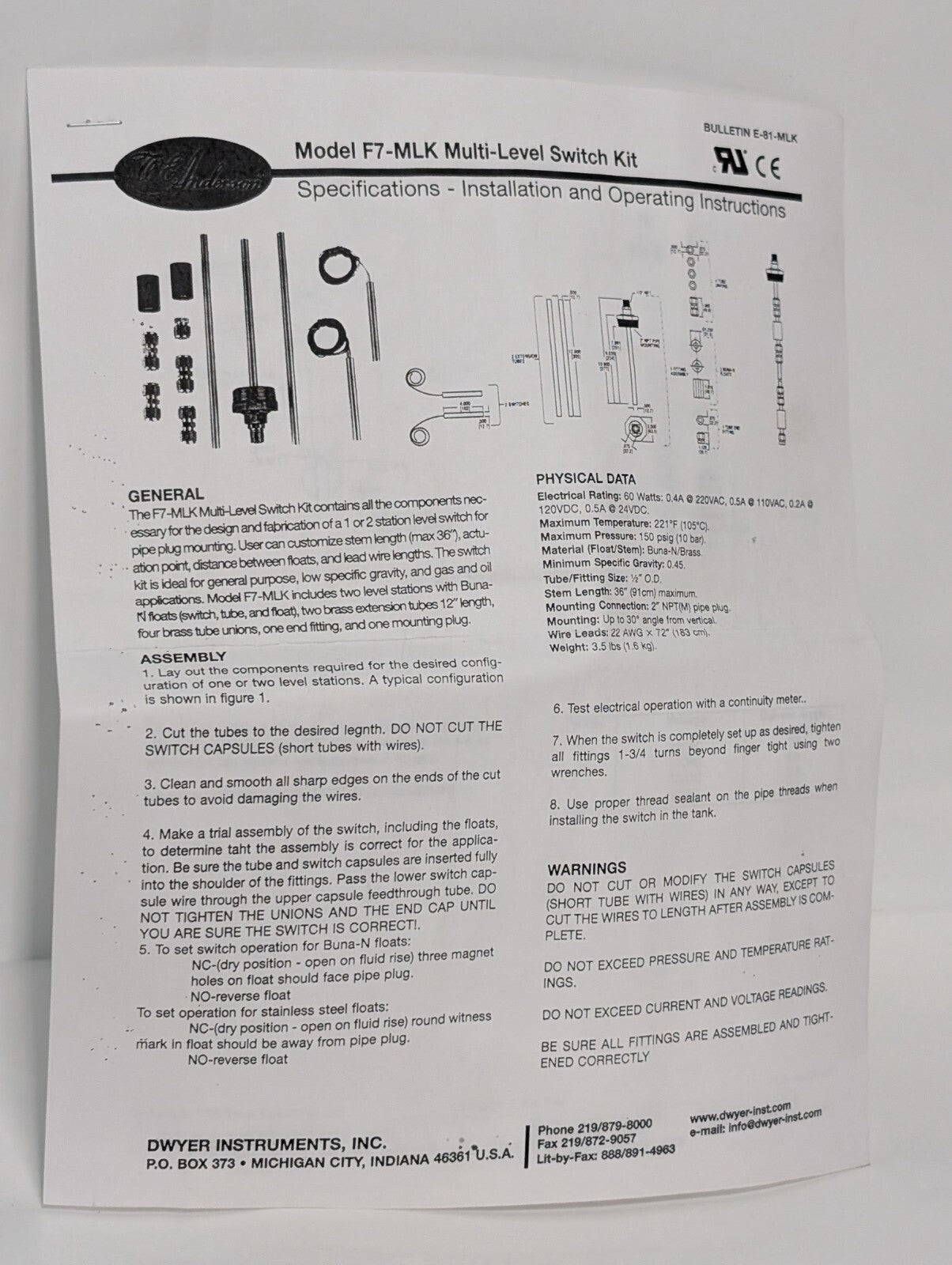 WE Anderson (Dwyer) Model F7-MLK Multi-Level Switch Kit, Vertically Mount