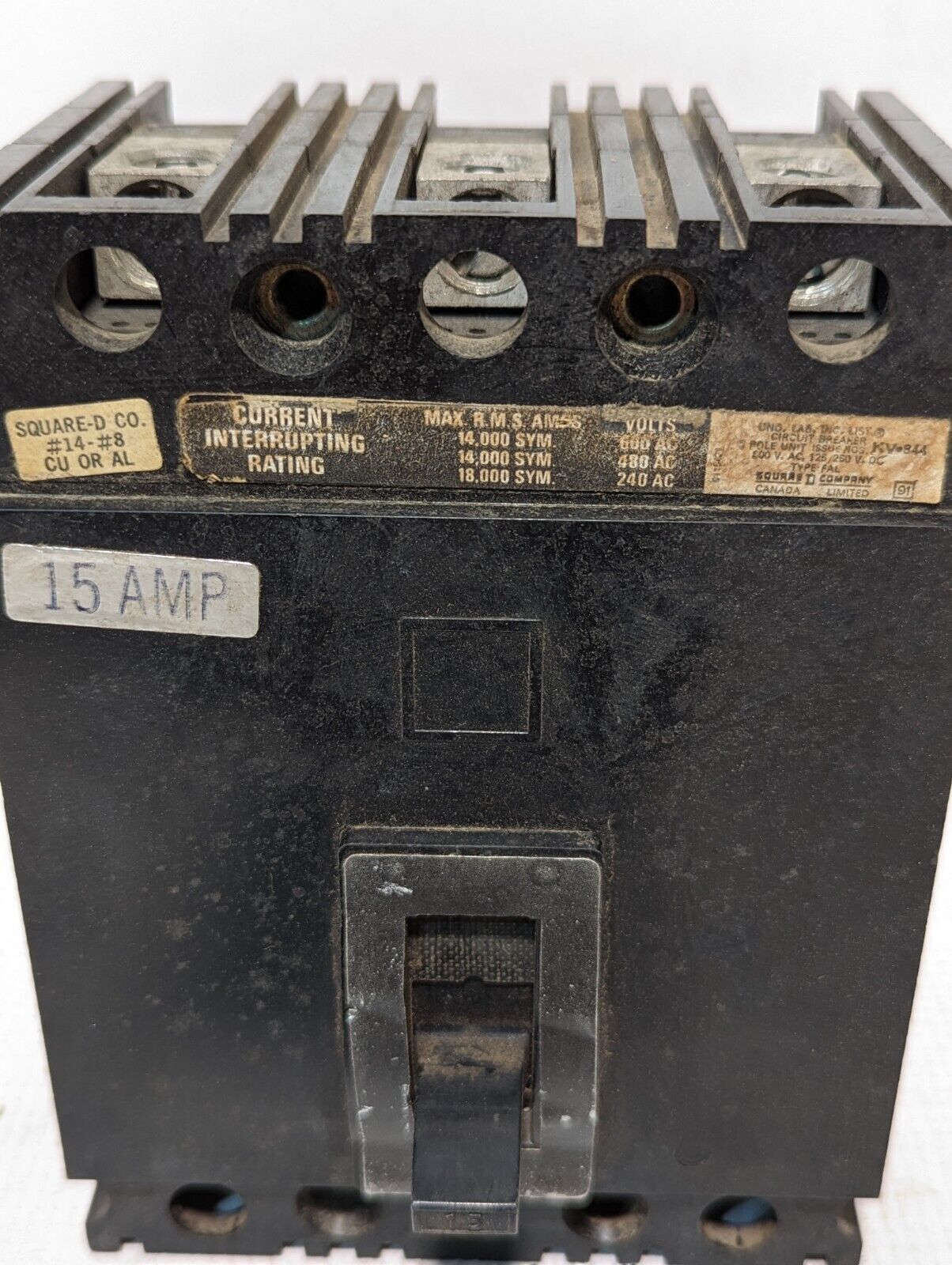 Square D FAL36015 Molded Case Circuit Breaker, 15A, 600v, 3-Pole