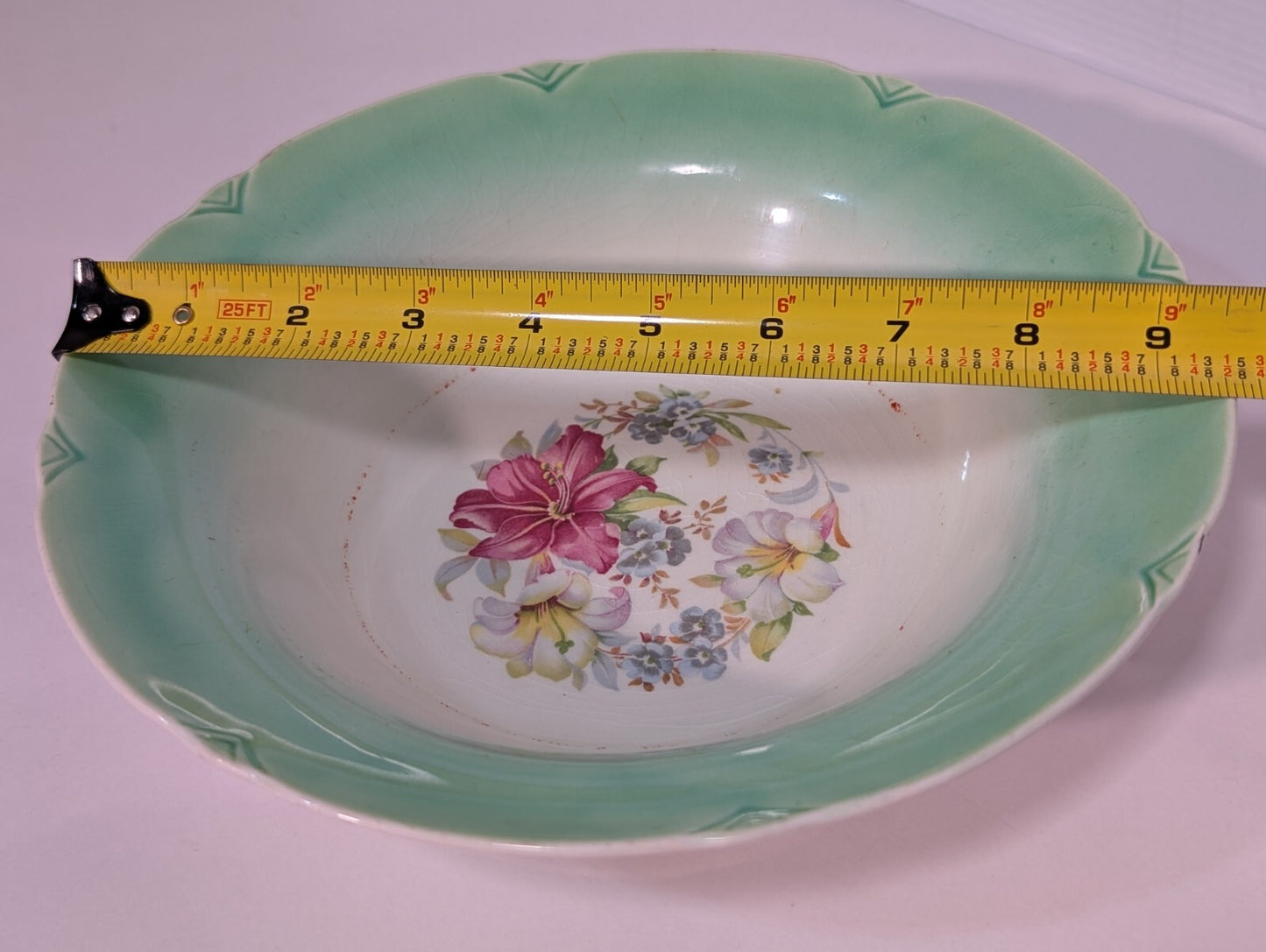 Vintage Porcelain Green + White with Floral Bouquet Serving Bowl 9 1/2" Diameter