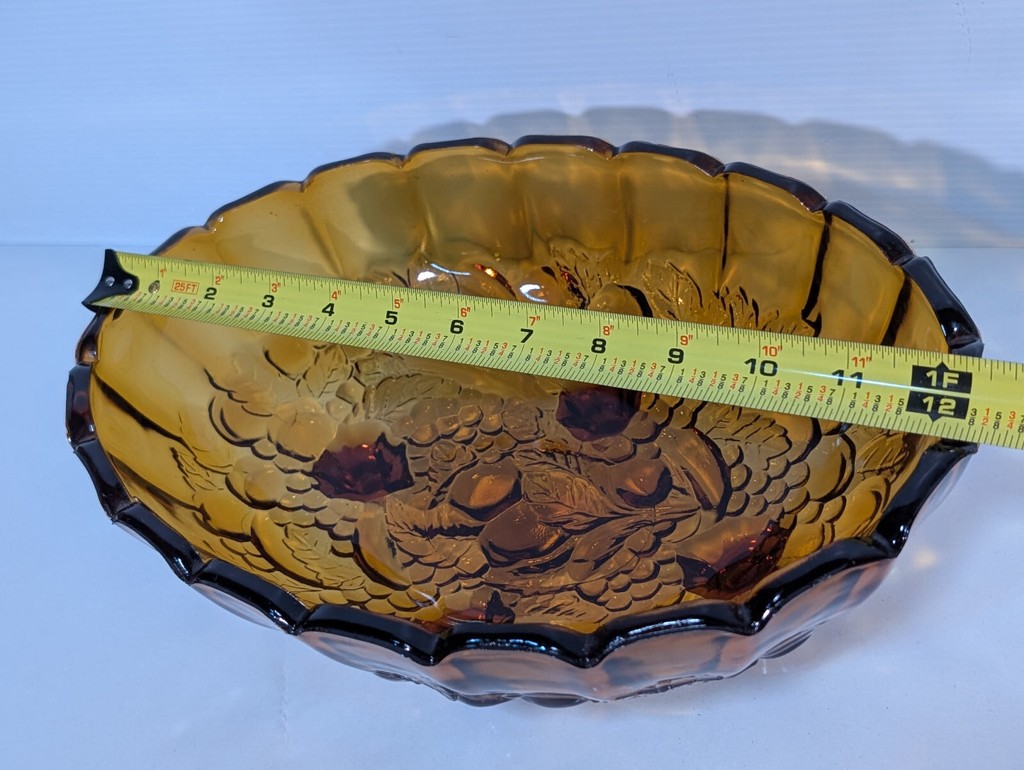 Vintage Antique Amber Gold Indiana Glass Scalloped Footed Fruit Bowl 12"