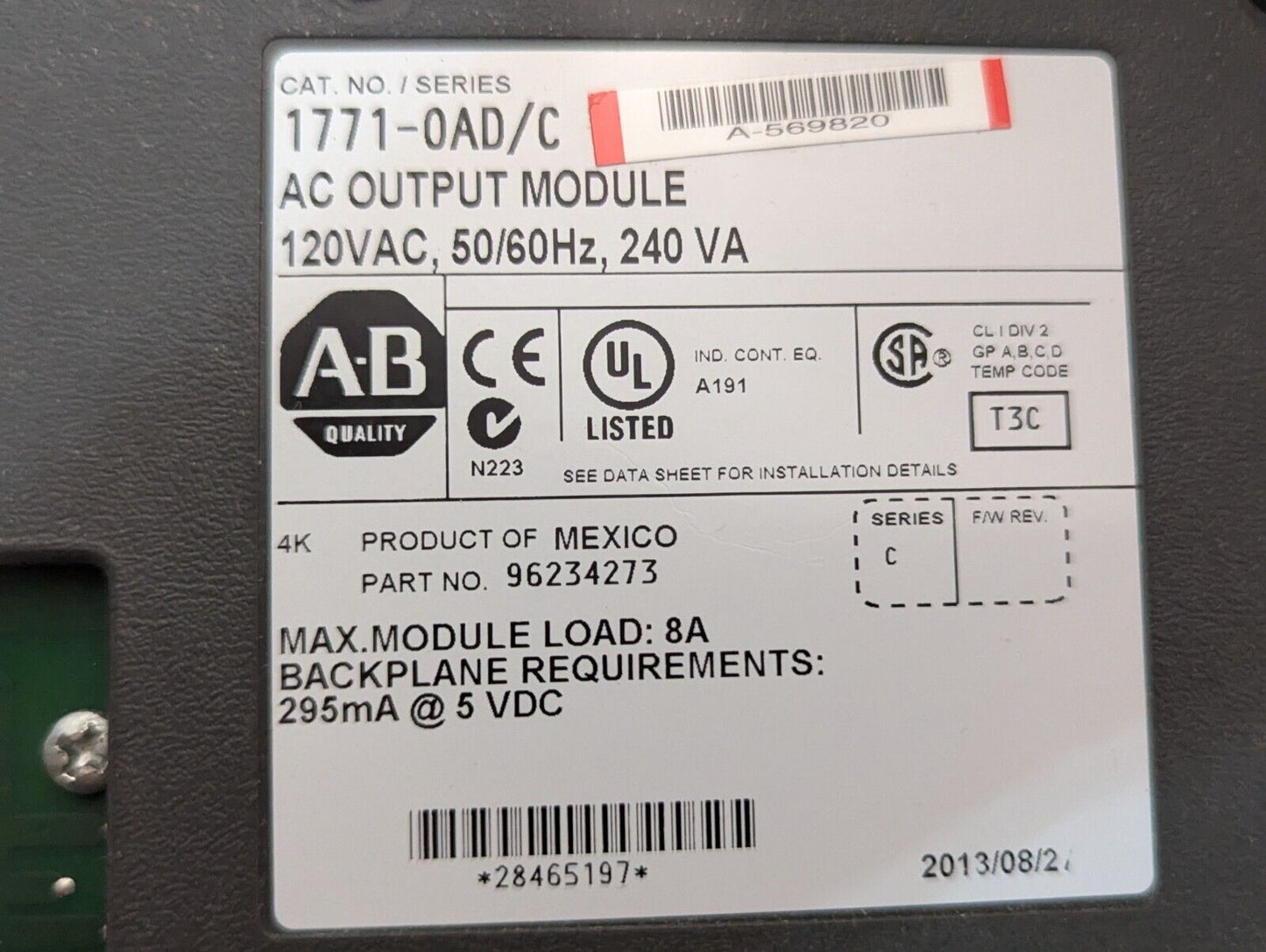 Surplus Open Allen Bradley 1771-OAD /C PLC-5 16-Pt 120VAC Digital Output Module