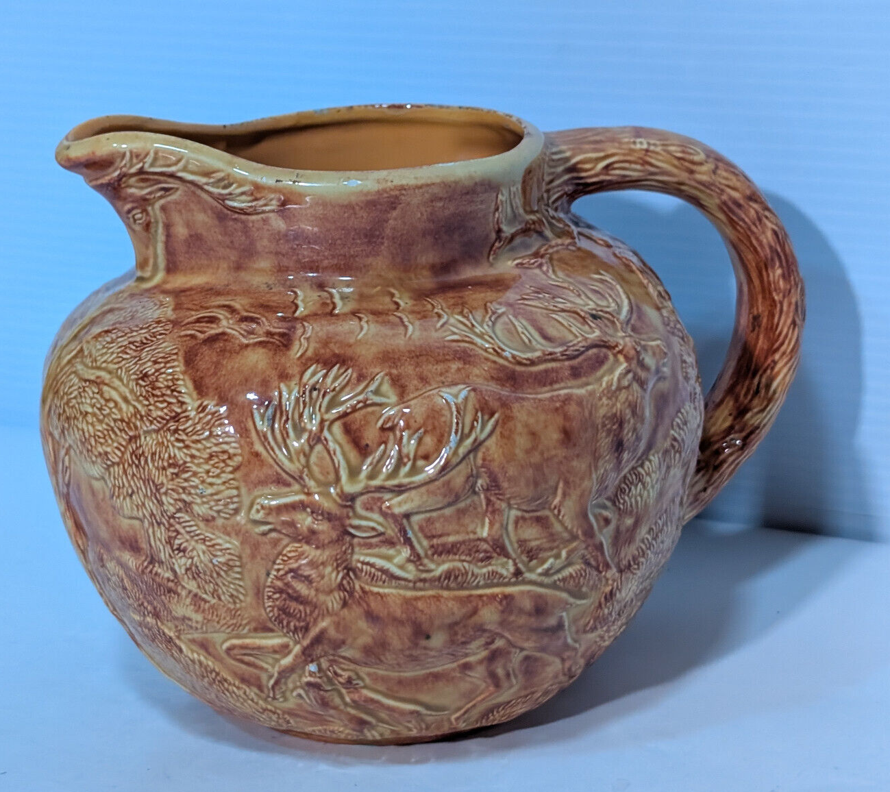 Vintage Brown Glazed Pottery Pitcher Elk, Deer, Buck, Hunters, Forest Wood Scene