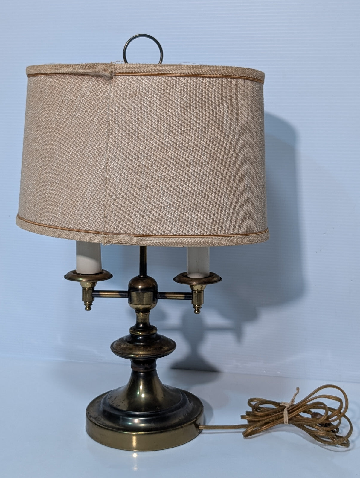 Vintage 1970s Brassy Double Candlestick Table Desk Lamp, Linen Shade, 6" Base