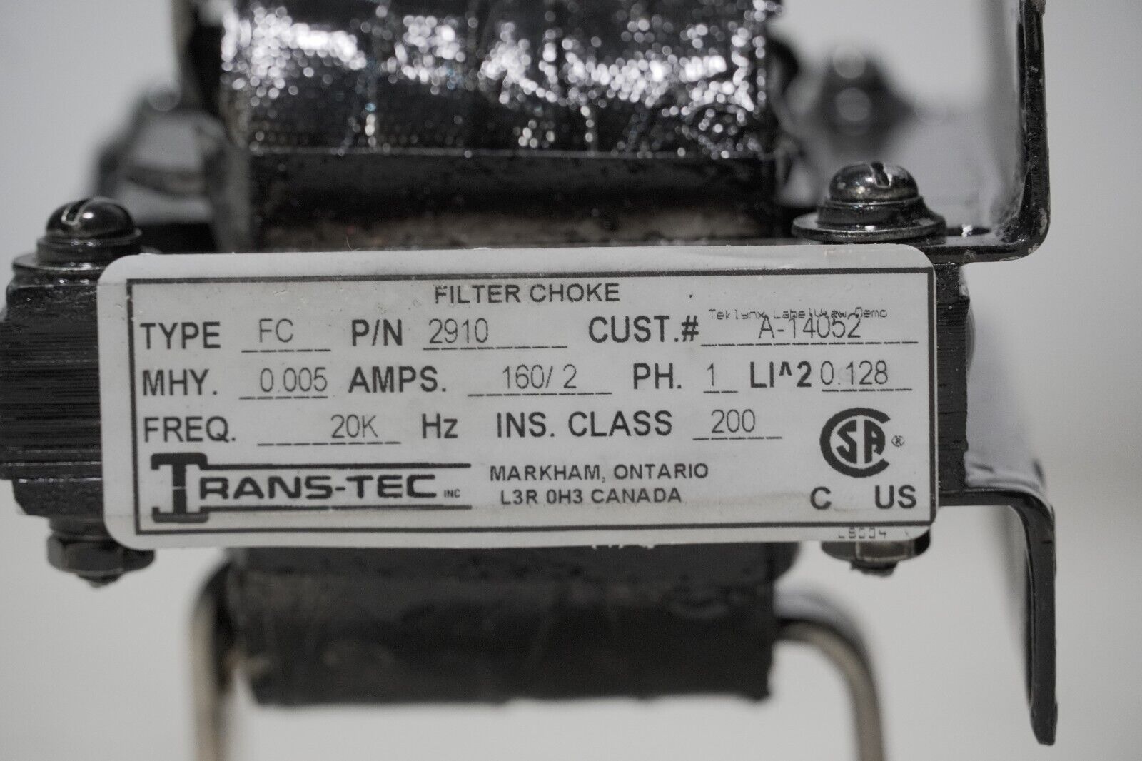 Trans-Tec 2910 filter choke, 0.005 MHY, 160/2 Amps, 1 phase, 20K Hz