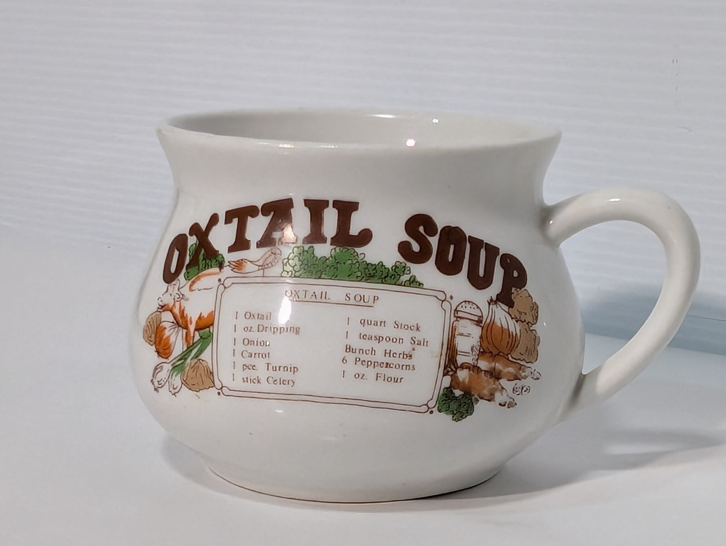 Vintage 1970s Oxtail Soup Bowl Recipe Ingredients Handled Ceramic Stonewear Mug