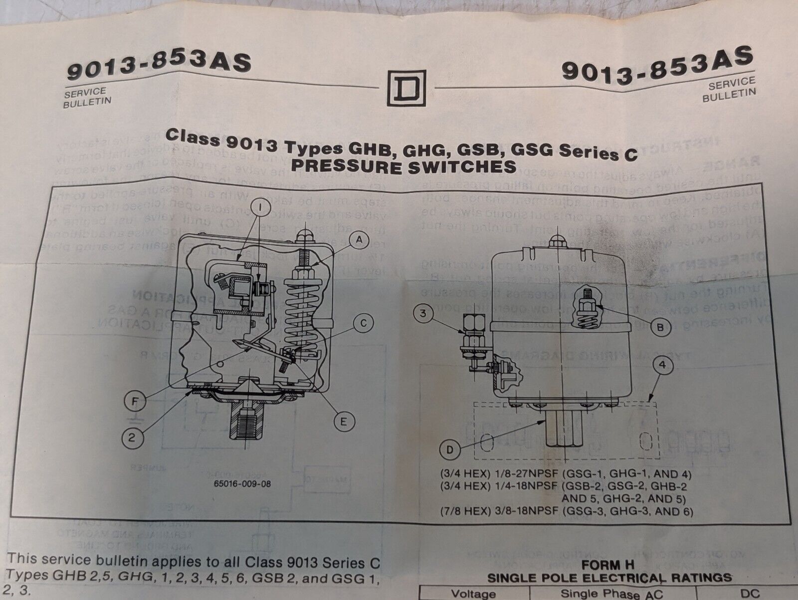Square D 9013-853AS Pressure Switch Single Port, With Unloader - Free Shipping