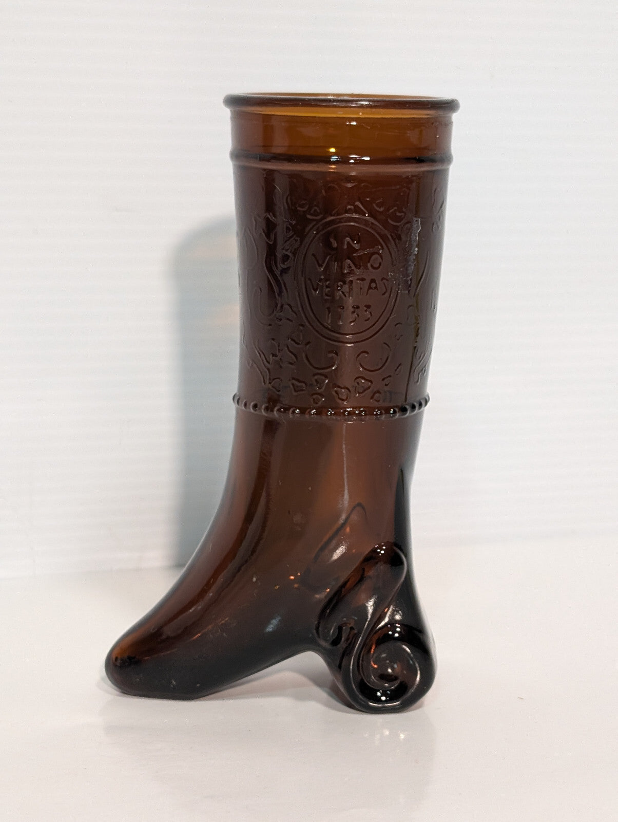 Vintage 1960/70s In Vino Veritas Wine Boot Brown Amber Shot Glass Bud Vase 6"x2"