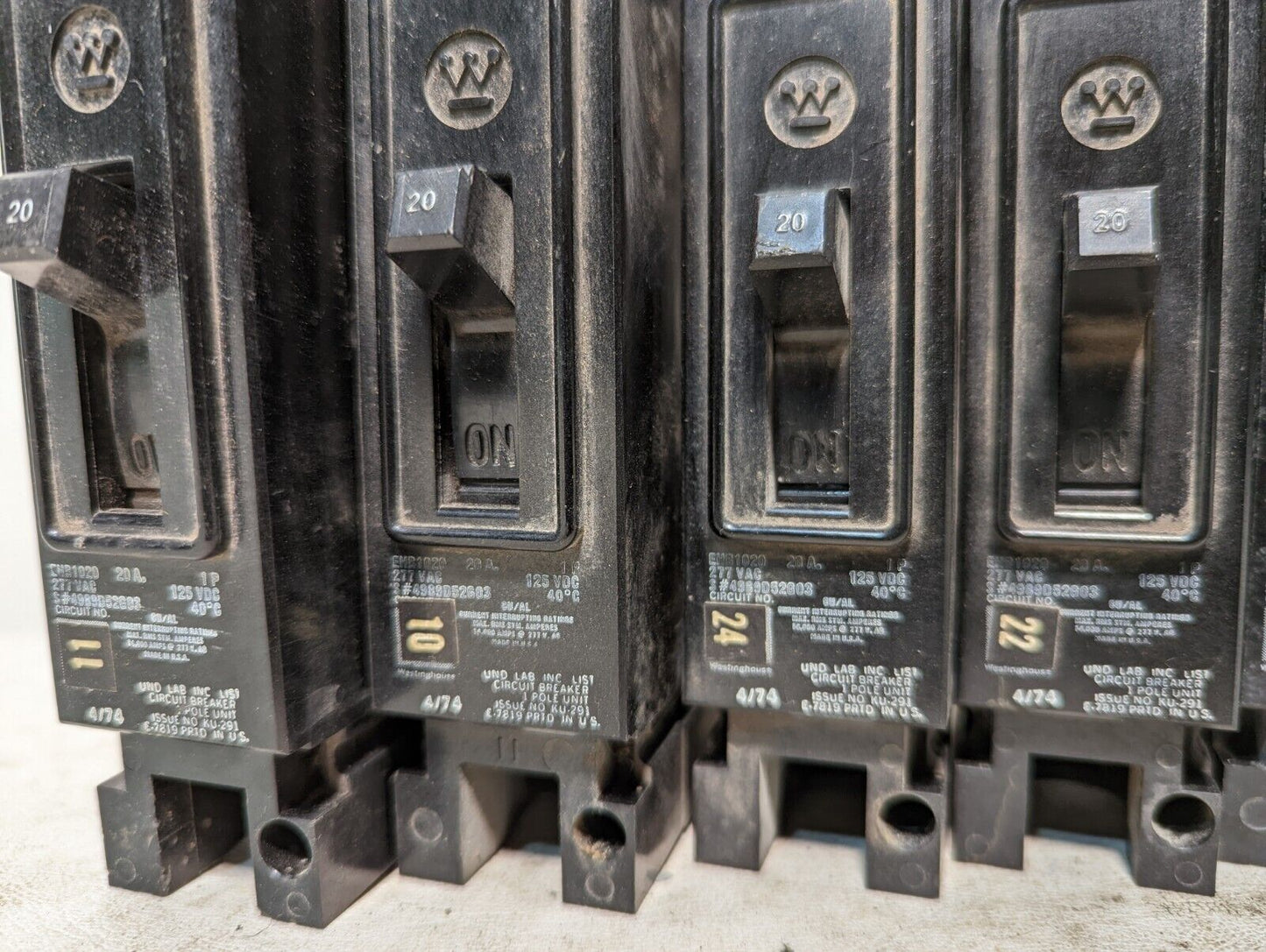 Lot of 5 Westinghouse EHB1020 circuit breakers, 20A, 277VAC, 125VDC, 1 pole
