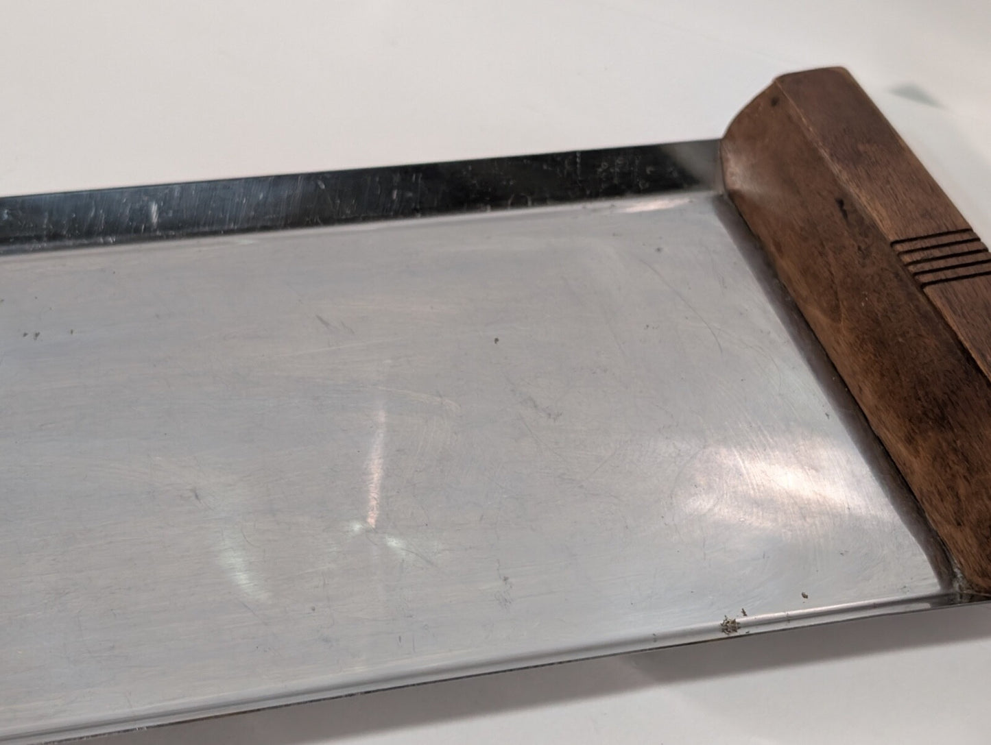 Vintage MCM Stainless Steel Serving Tray with Wooden Handles, 7-3/4" x 19"