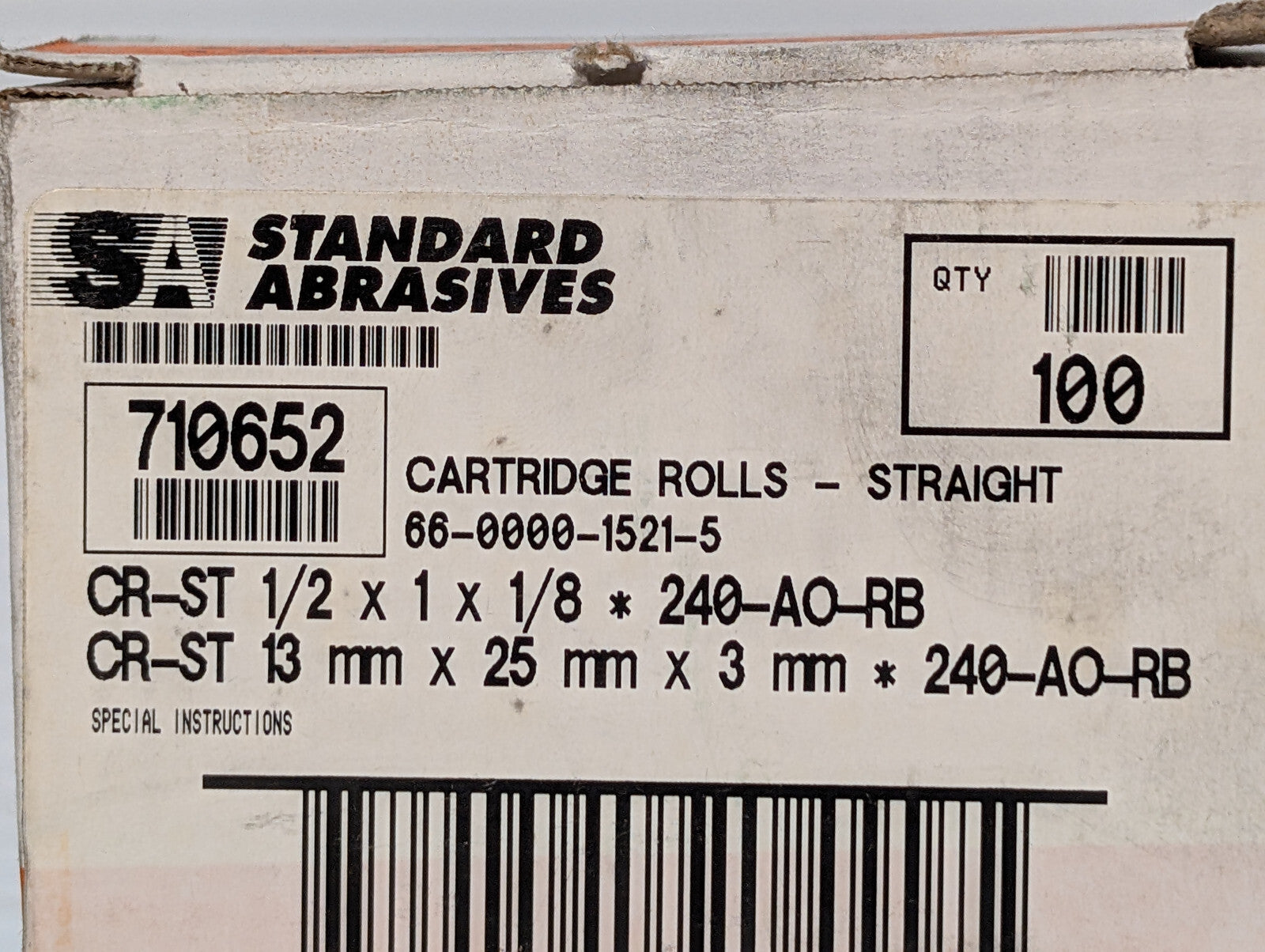 Standard Abrasives 100 Count 710652 Straight Cartridge Rolls, 1/2x1x1/8, 240 AO