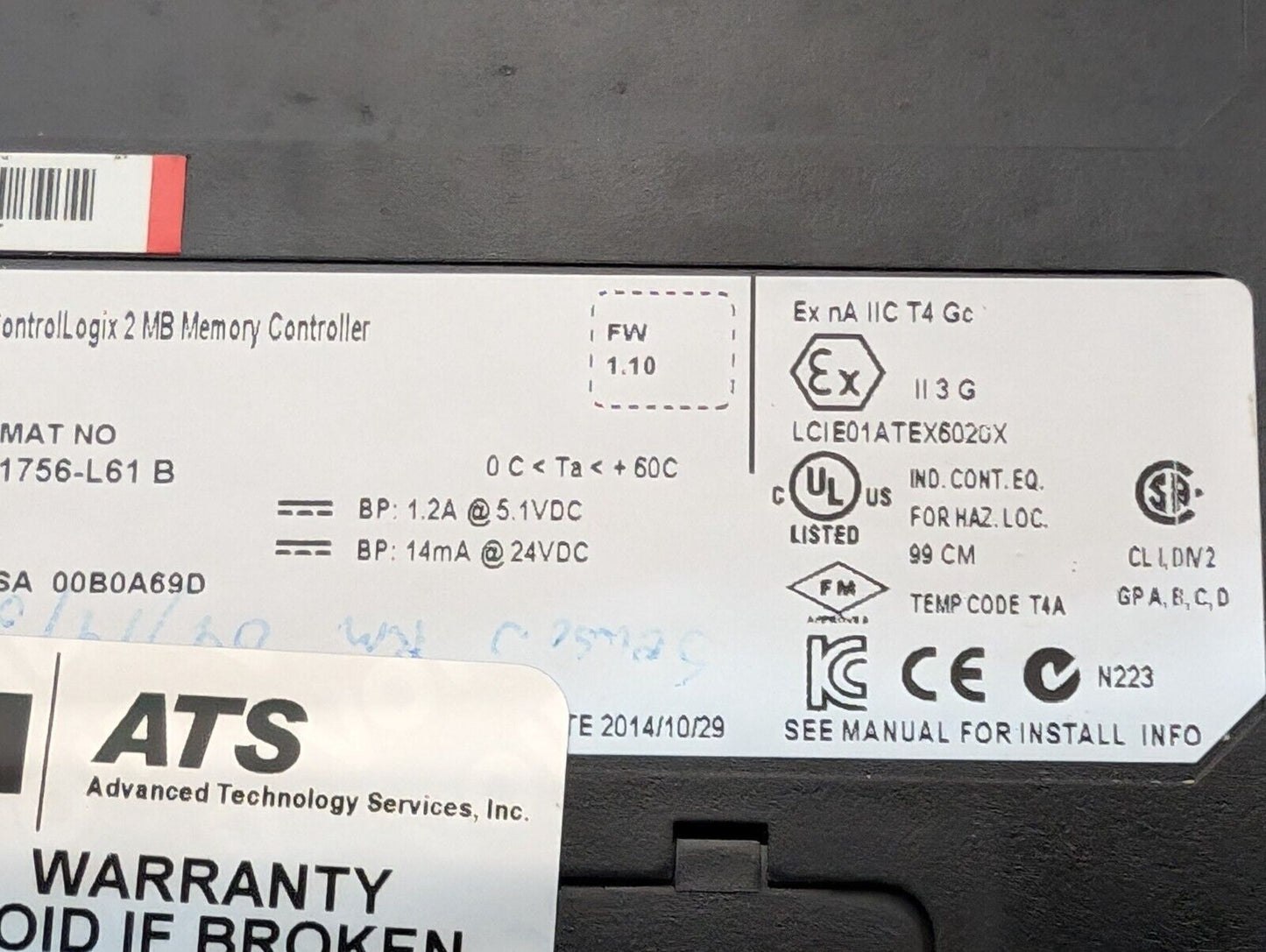 Allen Bradley 1756-L61 ControlLogix 5561 Processor Module w\ 2MB Memory, Ser B