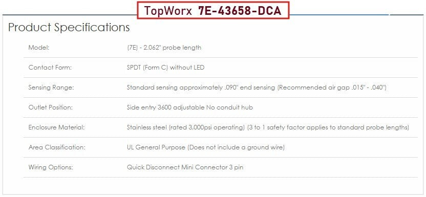 TopWorx 7E-43658-DCA Go Switch Leverless Dry Contact Proximity Sensor