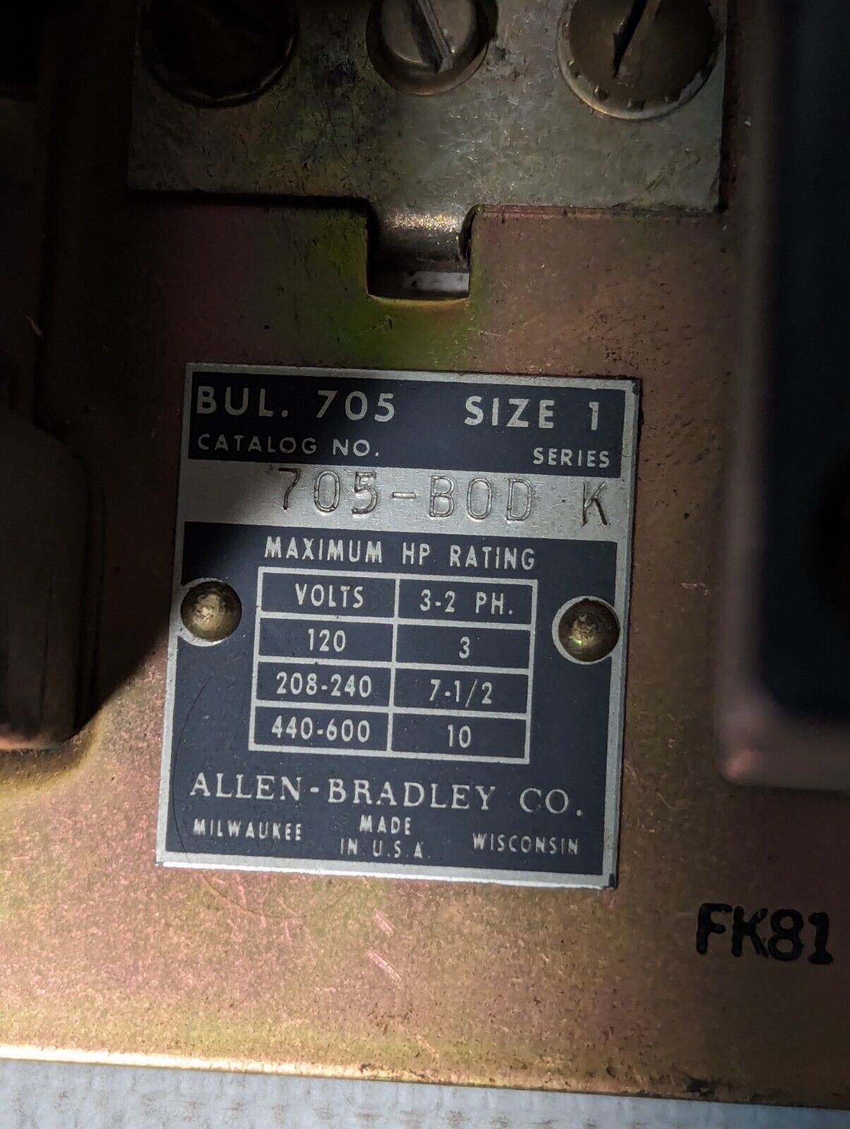 AB 705-BOD, Reversing Starter Motor, Ser K, 110/120v Coil, NEMA Sz 1, 3-2 Phase