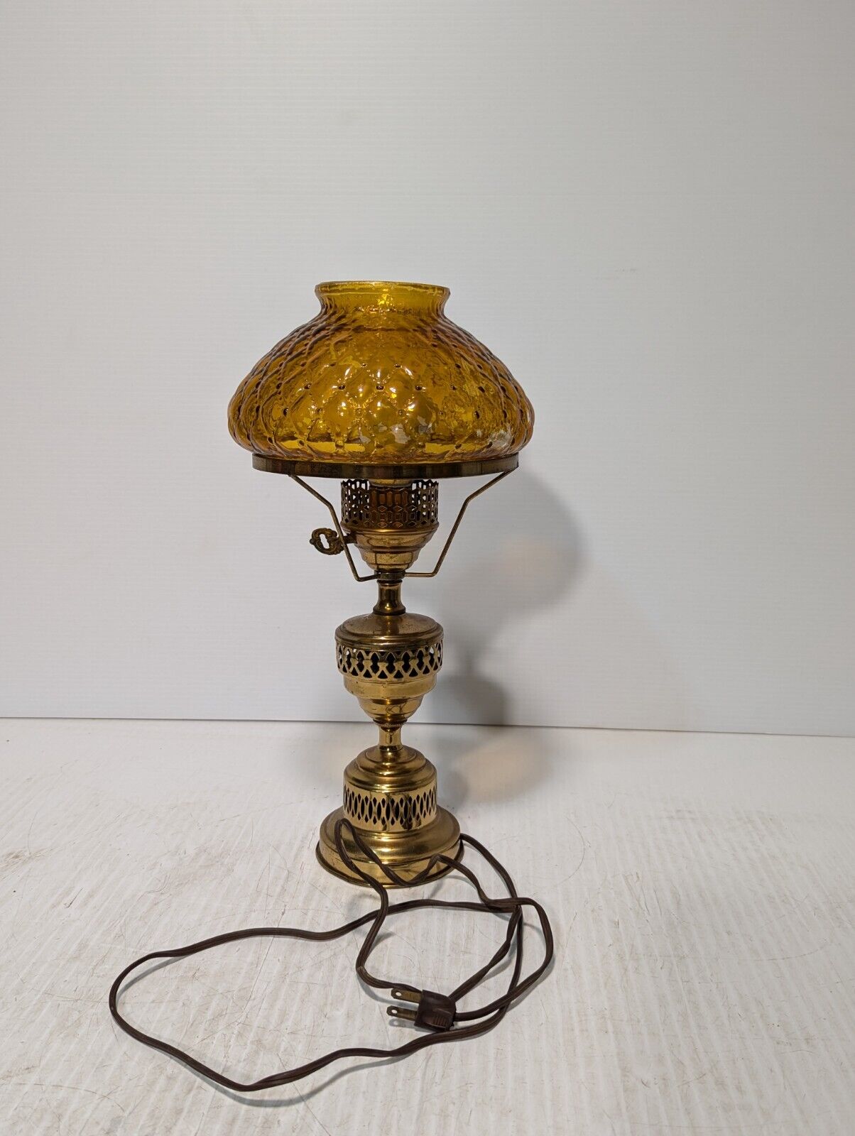 Vintage Amber Hurricane Resin Base Pressed Glass Diamond Table Lamp* - Free Ship