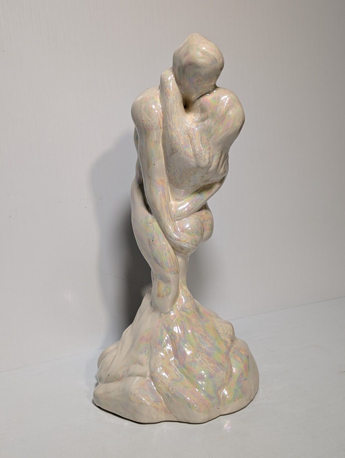 Vintage Lovers Naked Man Woman Embracing Erotic Pearlescent Ceramic Statue