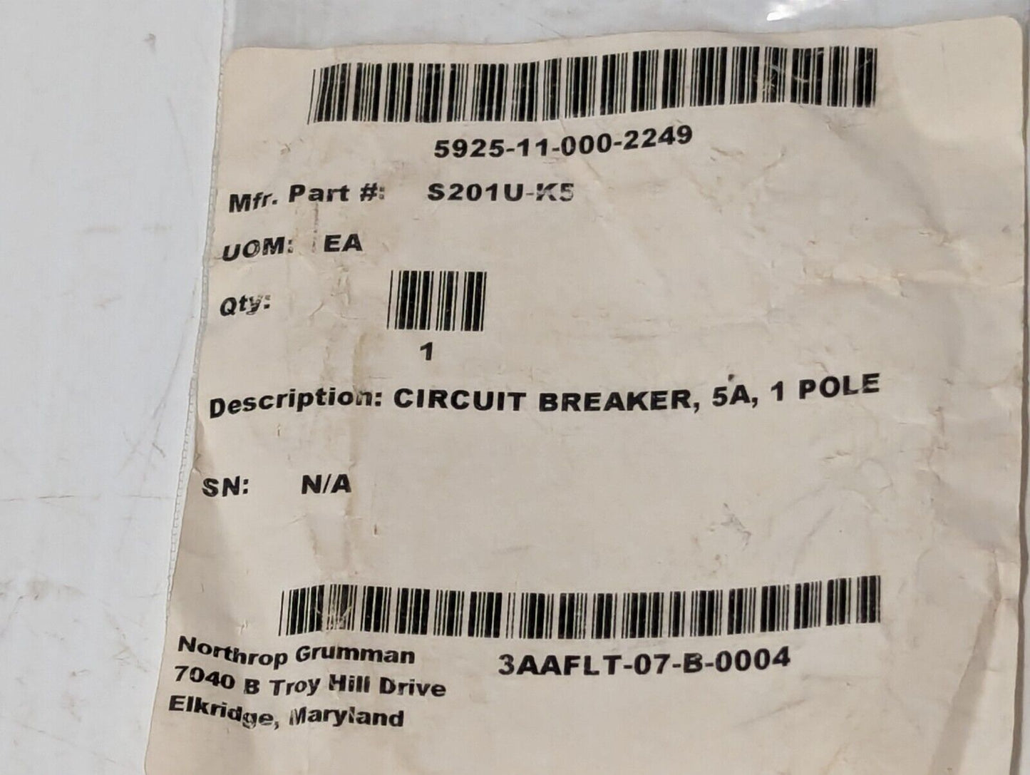 ABB S201UK5A Circuit Breaker, 5A, 240VAC, 50/60Hz, 1 Pole Unit - Free Shipping