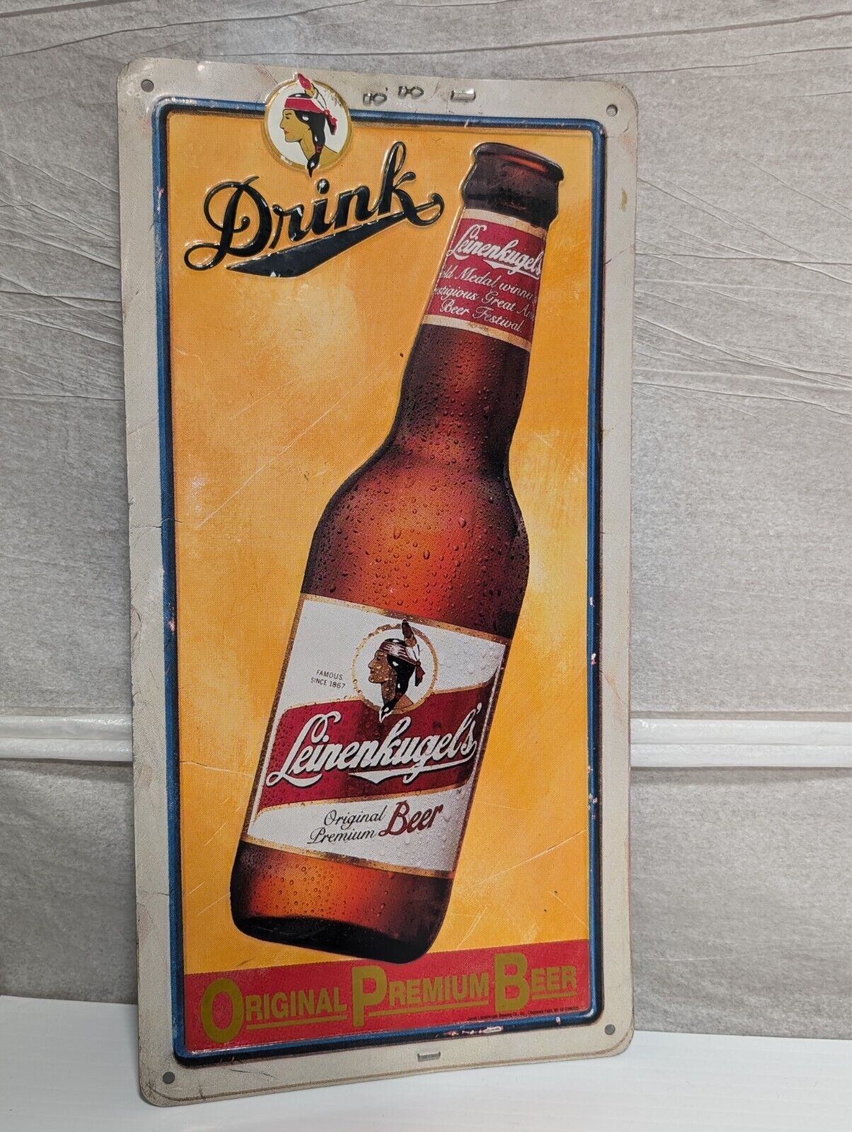 Vintage Leinenkugel Beer Indian Maiden Aluminum Sign 18" x 9" Leinenkugel's