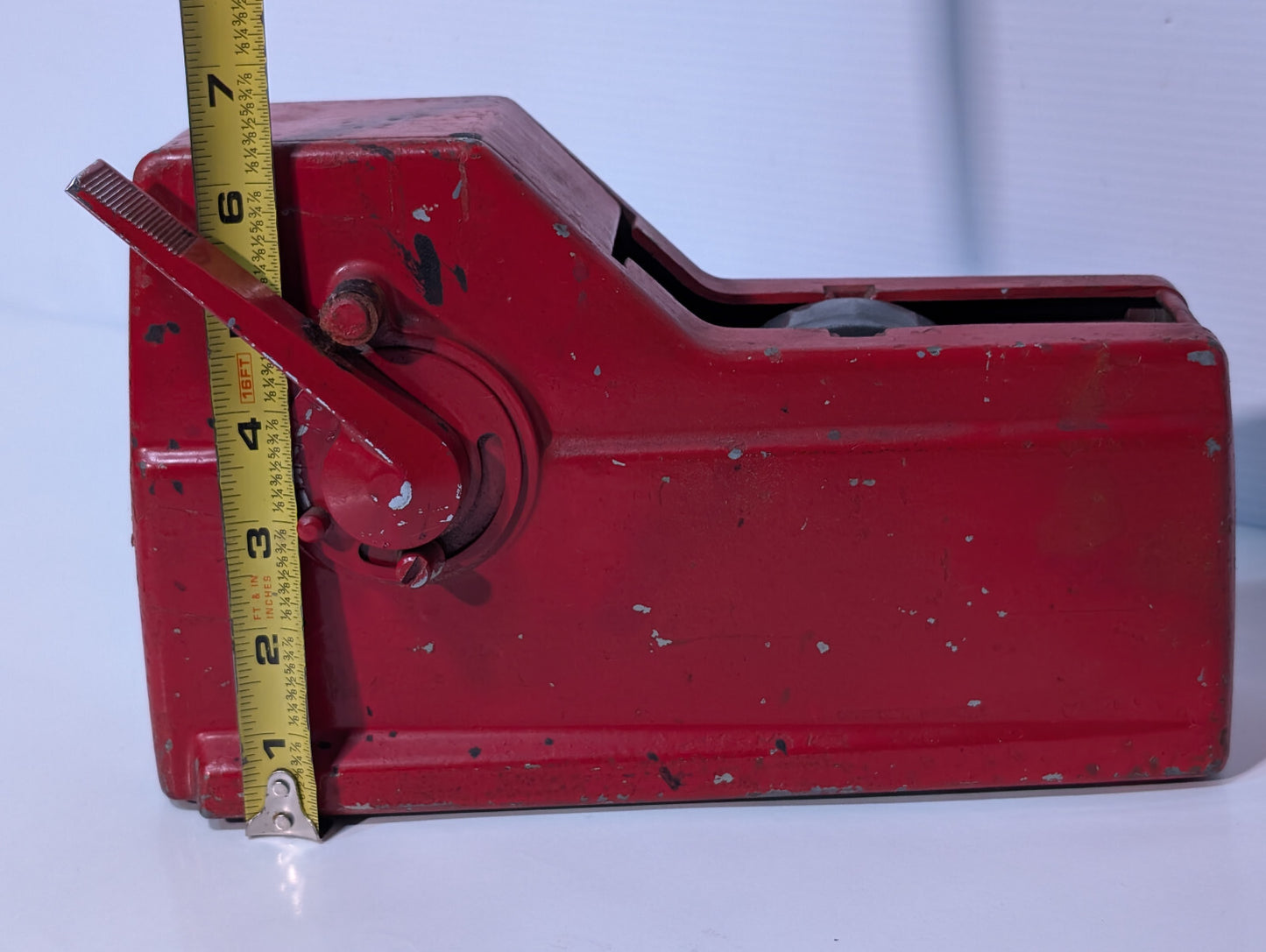 Vintage 1950s Red Cast Iron Industrial Toothed Grip Wheel Tape Dispenser Tool