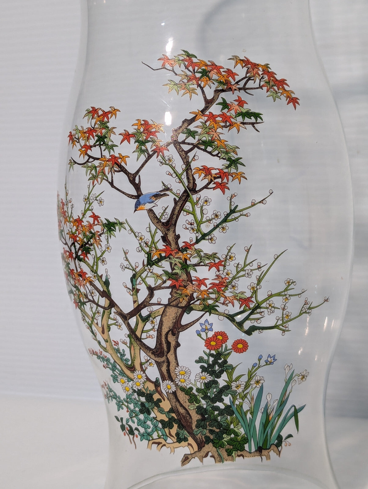 Vintage Hurricane Lamp Glass, Candle Cover, Chimney, Centerpiece, Bird, Foliage
