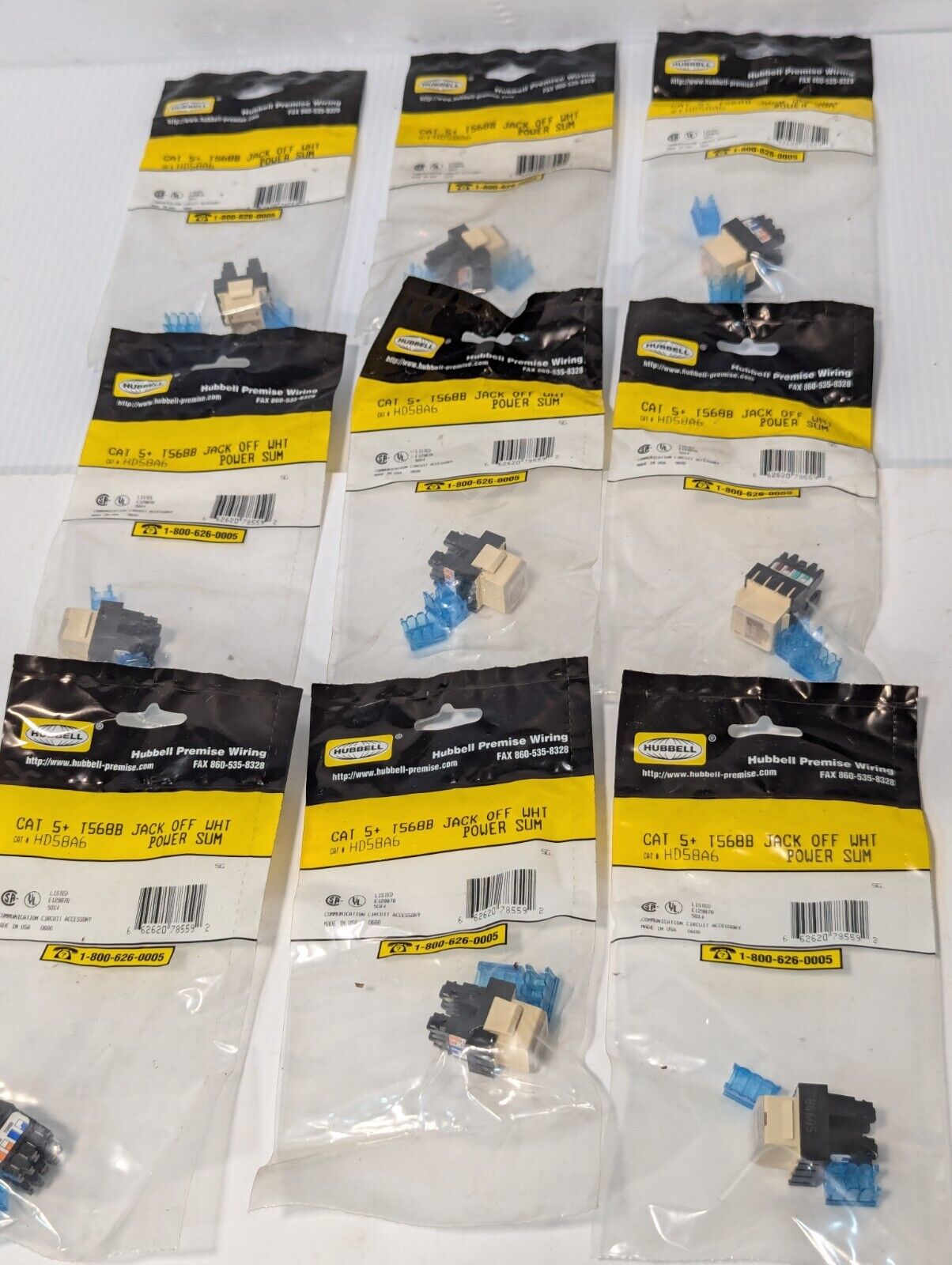 Lot of 9 Hubbell HD58A6 CAT 5+ T568B Jacks, Off White, Power Sum - Free Shipping