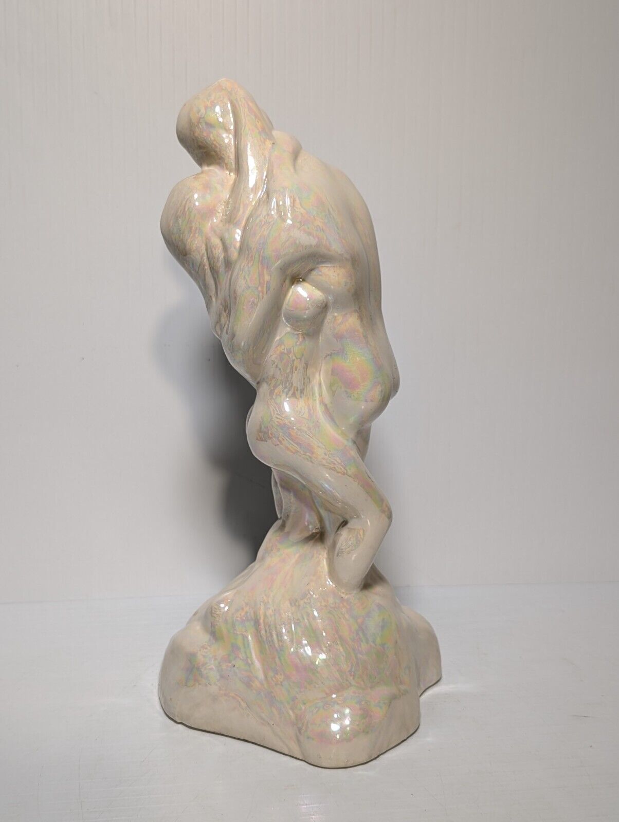 Vintage Lovers Naked Man Woman Embracing Erotic Pearlescent Ceramic Statue