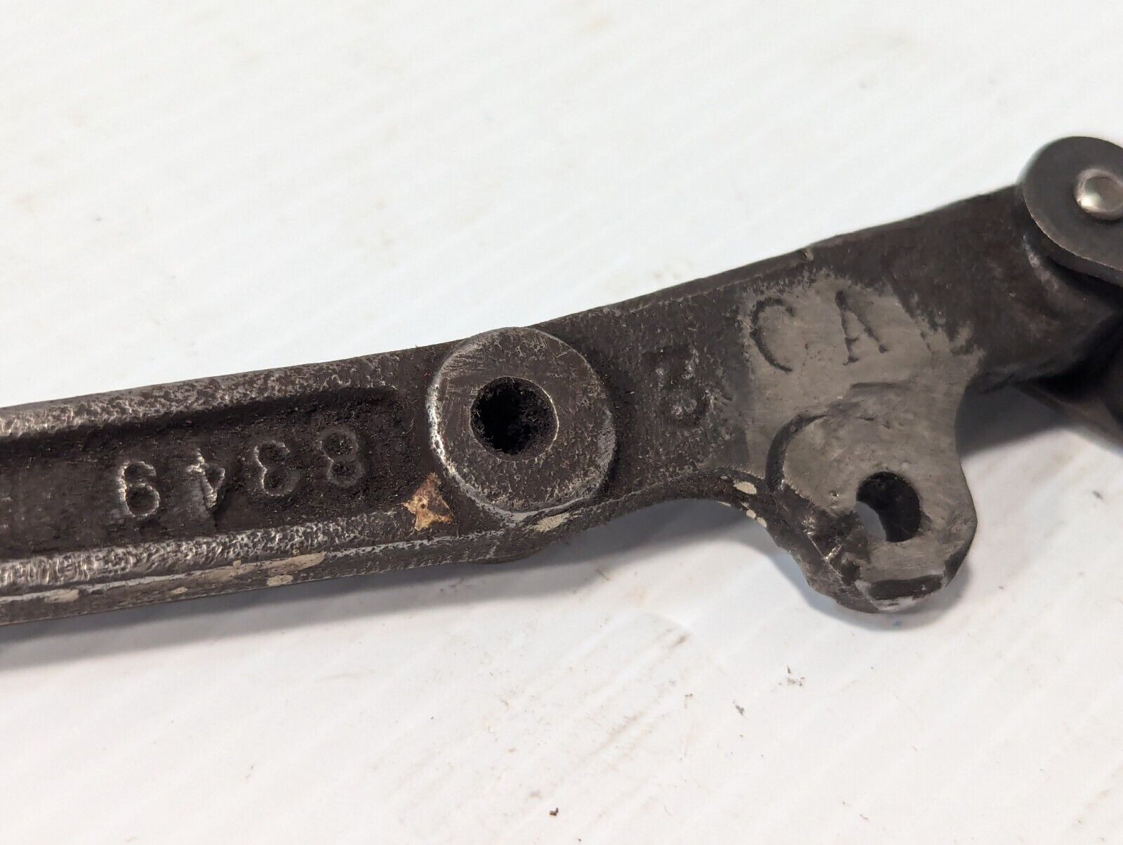 Steampunk 9.75 inch long steel handle with base, marked 8349, hinged