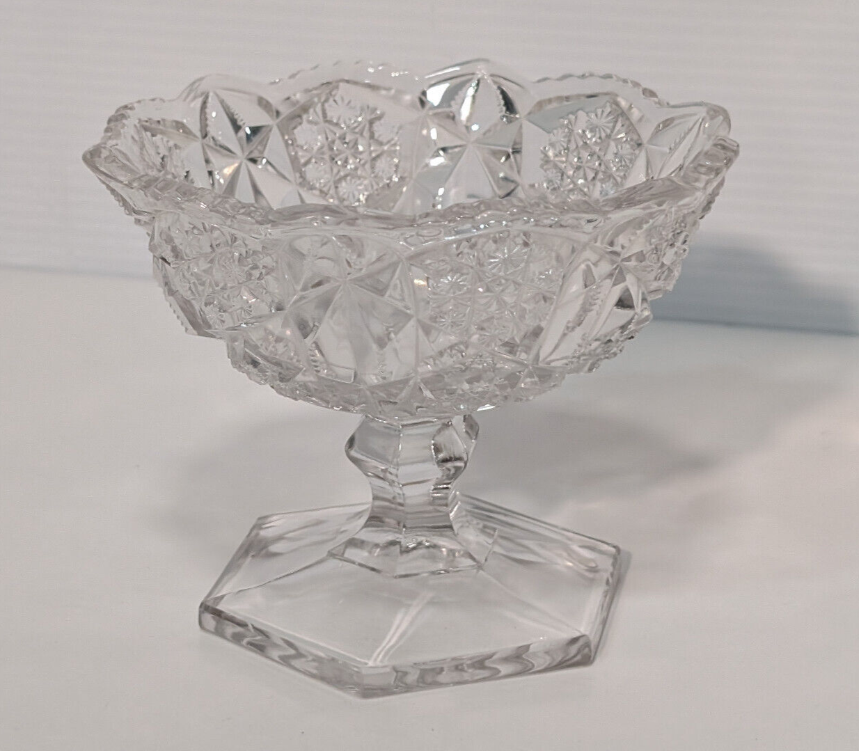 Vintage Clear Glass Crystal Candy Dish Snowflake Pattern Hexagon Pedestal Base
