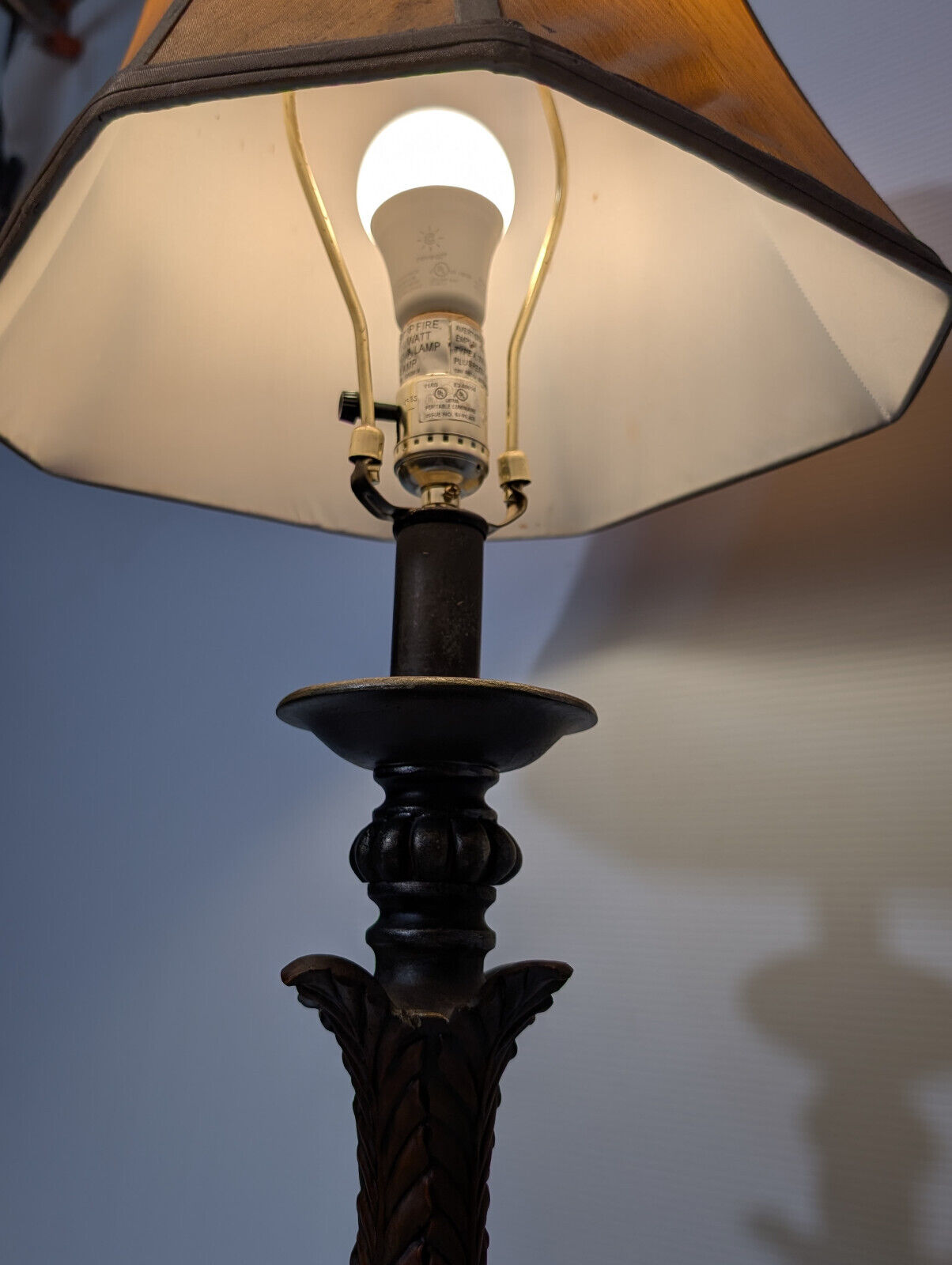 Vintage 1970s Wood, Leaf, Gold, 36" Table Lamp, Teak, Earthy, Eclectic, Nouveau