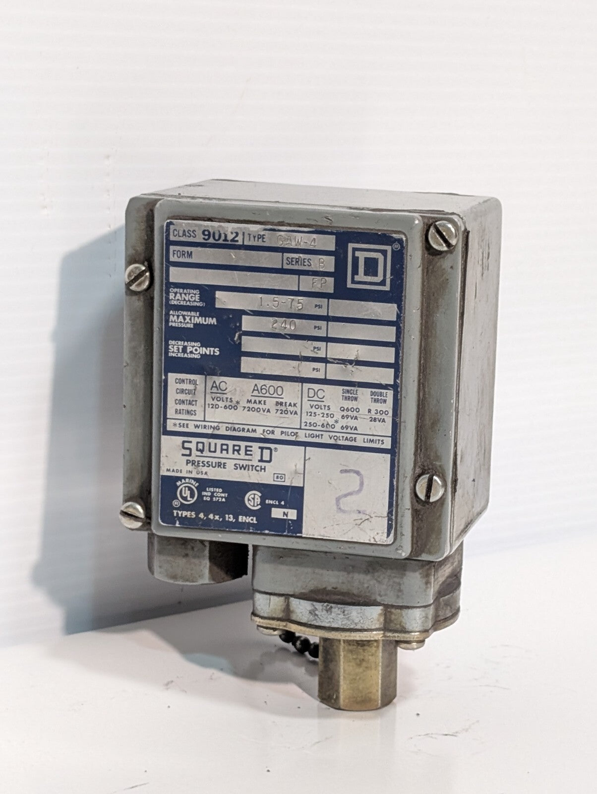 Square D 9012 GAW-4 Series C 9830 Pressure Switch 1.5-75 PSIG