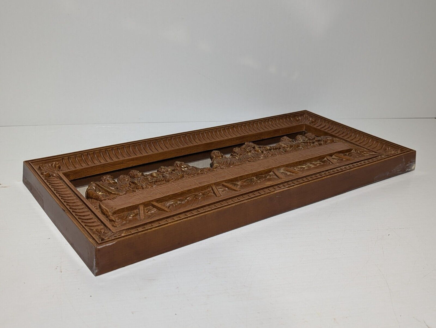 Vintage The Last Supper Mirrored Wood Carving Wall Piece 22" x 10"