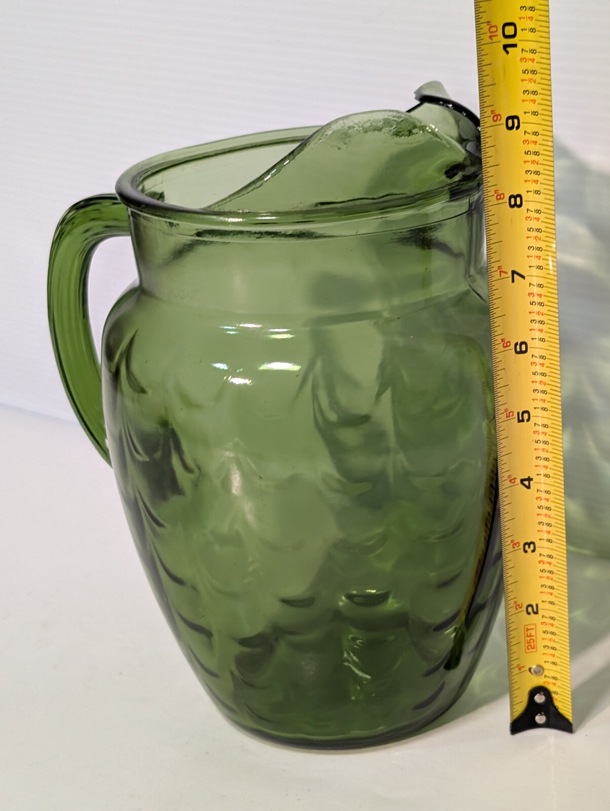 Vintage 1970s Olive Avocado Green Scale Textured Glass Water Pitcher 8" Tall