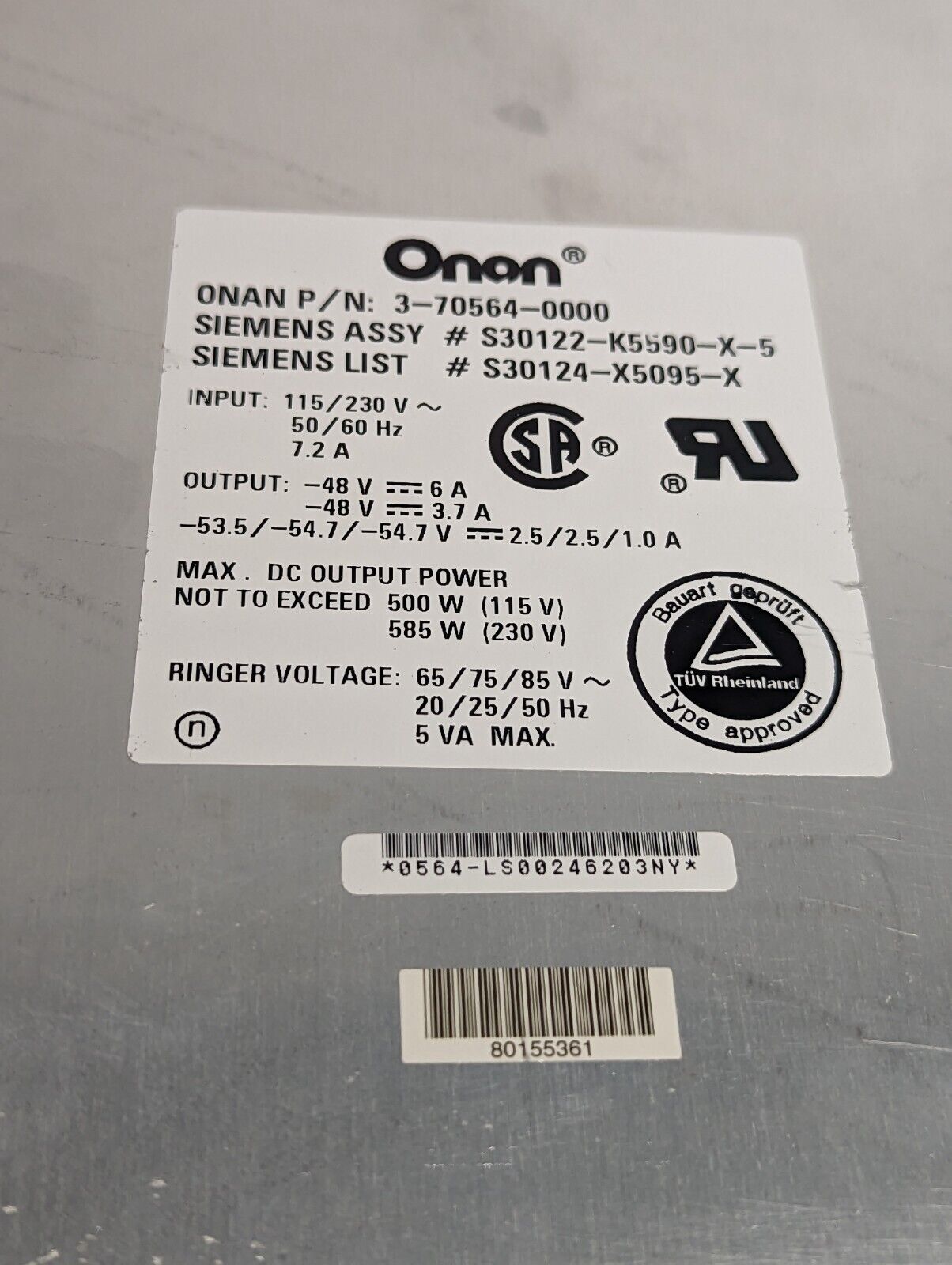 Onan 3-70564-0000 DC power supply, output 48VDC, input 115/230VAC
