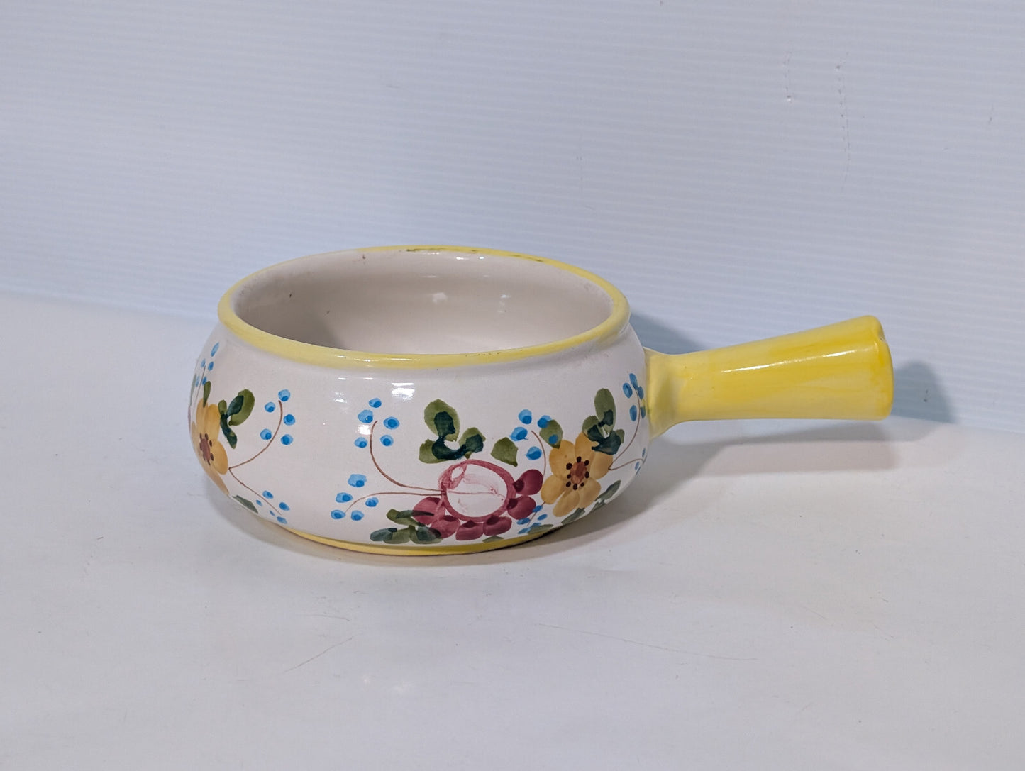 Vintage Hand Painted Soup Crock Pot Ceramic Dish Flowers Yellow Blue Green Berry