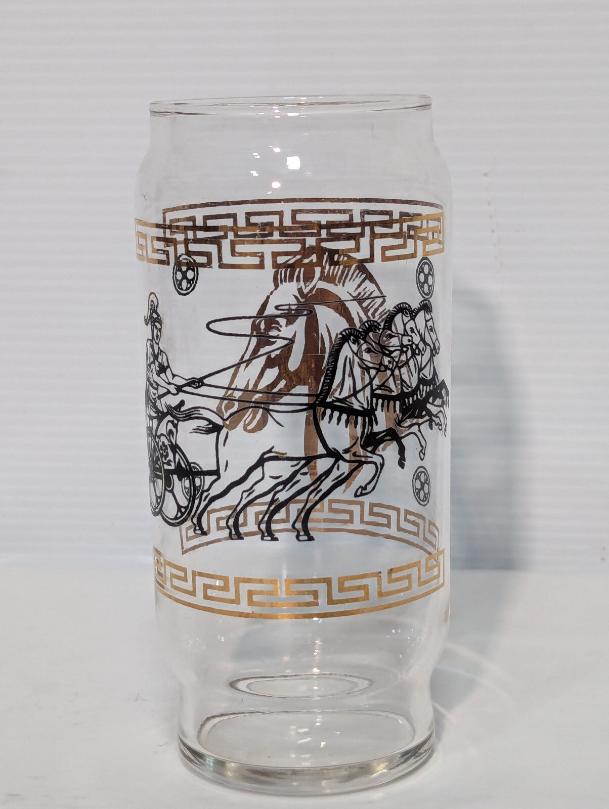 Vintage MCM Roman Greek Horse Chariot Gold Metallic Drinking Glass, Tumbler