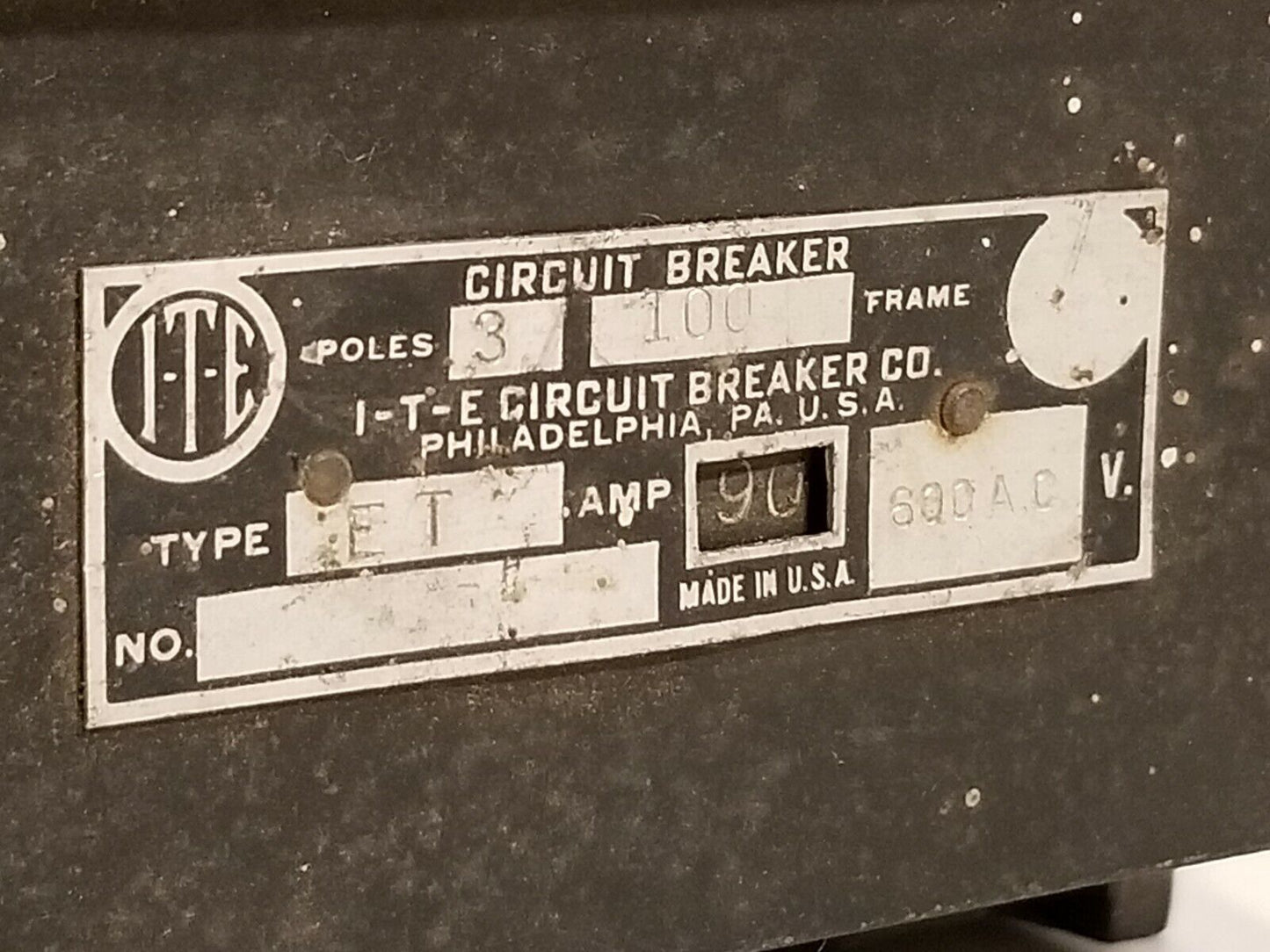 ITE ET3090 circuit breaker, 3 pole, 90 amps, 277 VAC, used, 100 frame