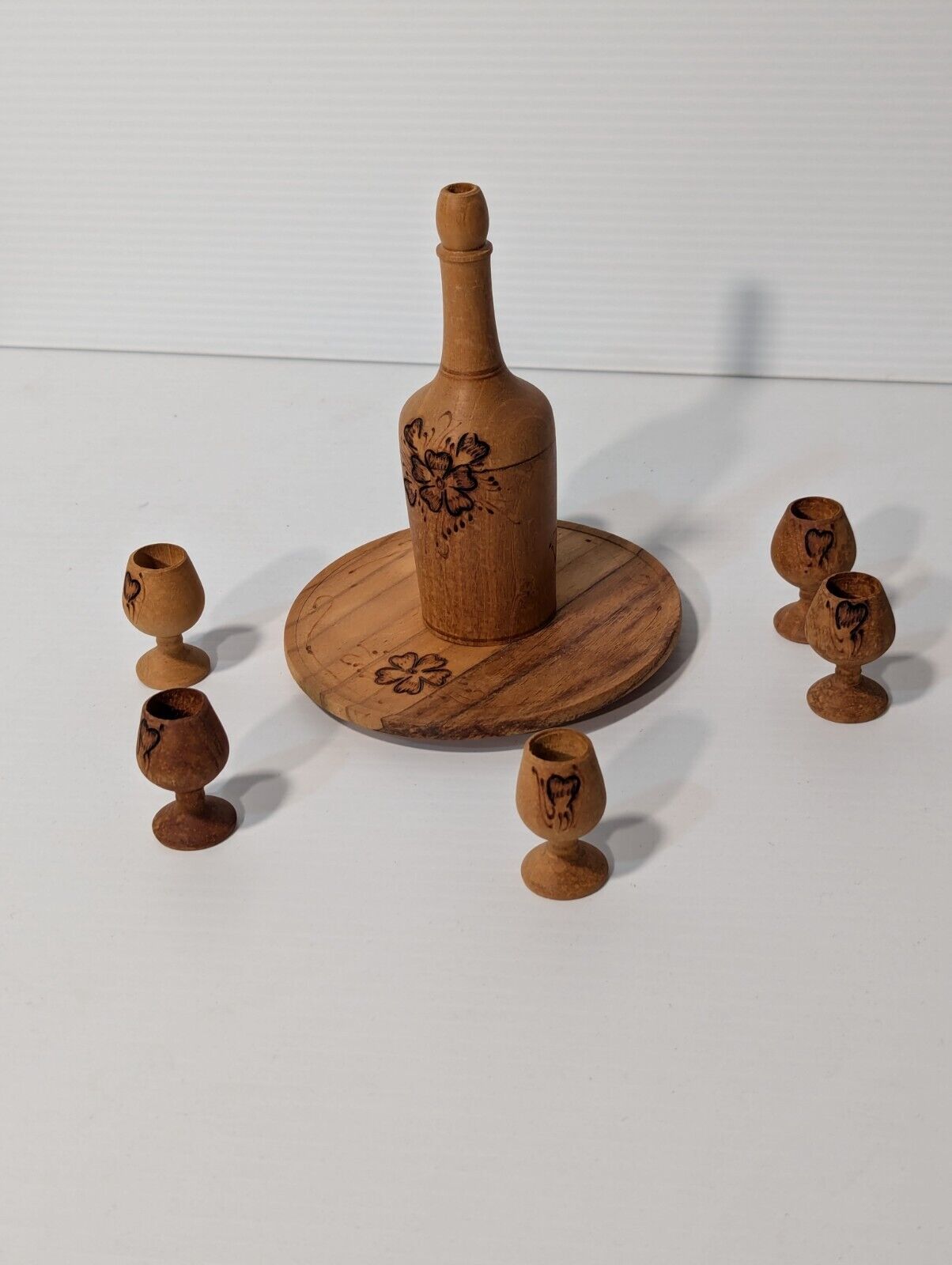 Vintage Burnt Wooden Pyrography Folk Art Decanter w\ Small Platter and 6 Goblets