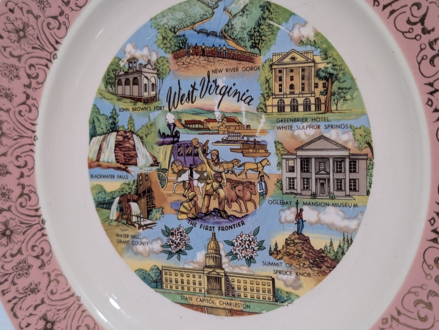 Vintage West Virginia "The First Frontier" 10" Collectable Souvenier Plate Gold